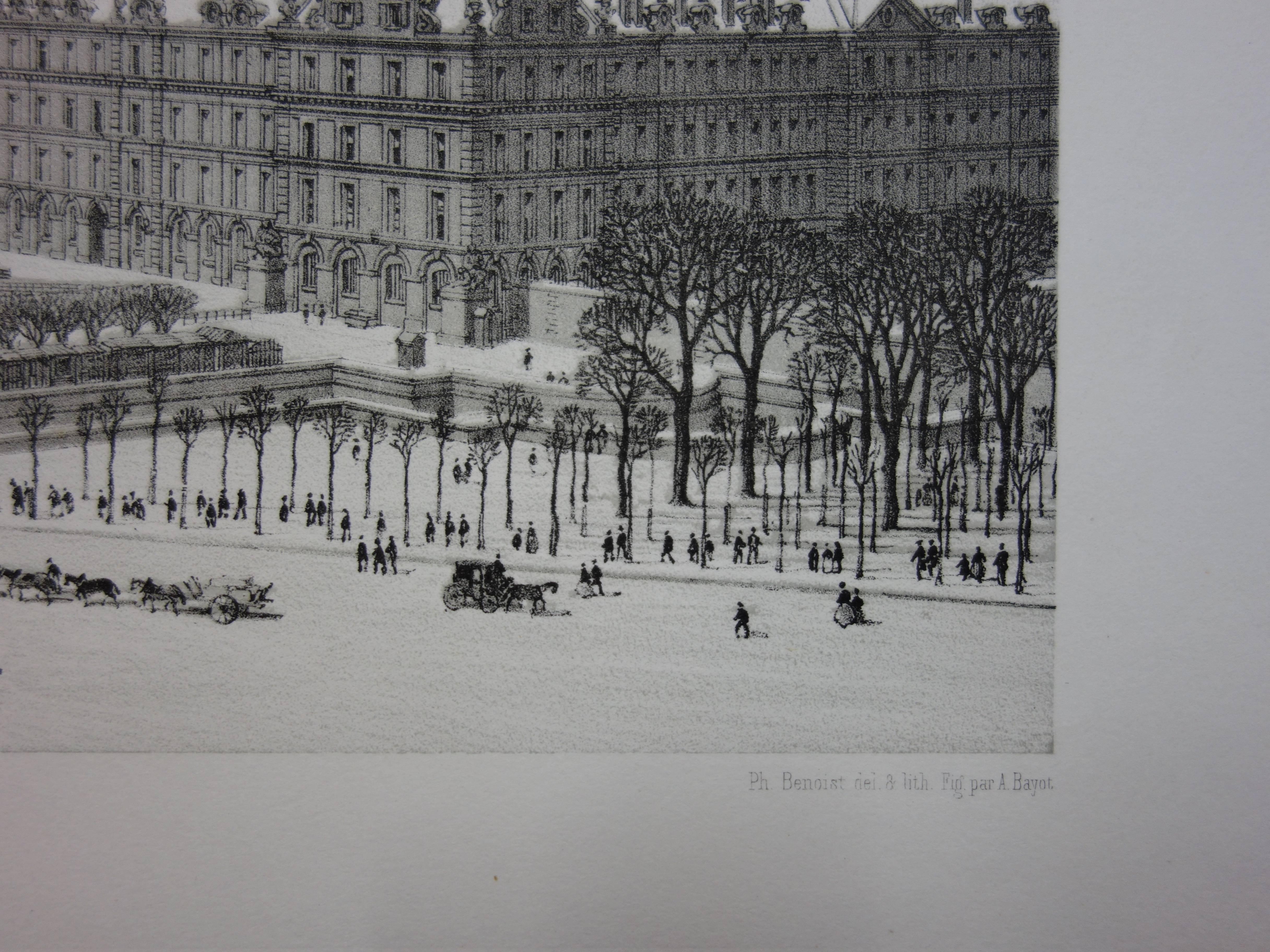 Philippe BENOIST
Paris : Les Invalides Under the Snow - 1861

Original two tones stone lithographs
Printed name of the artist bottom right
On vellum 33.5 x 49 cm (c. 13 x 20 inch)

Information : Edited in 1861 by Charpentier, this lithograph is part
