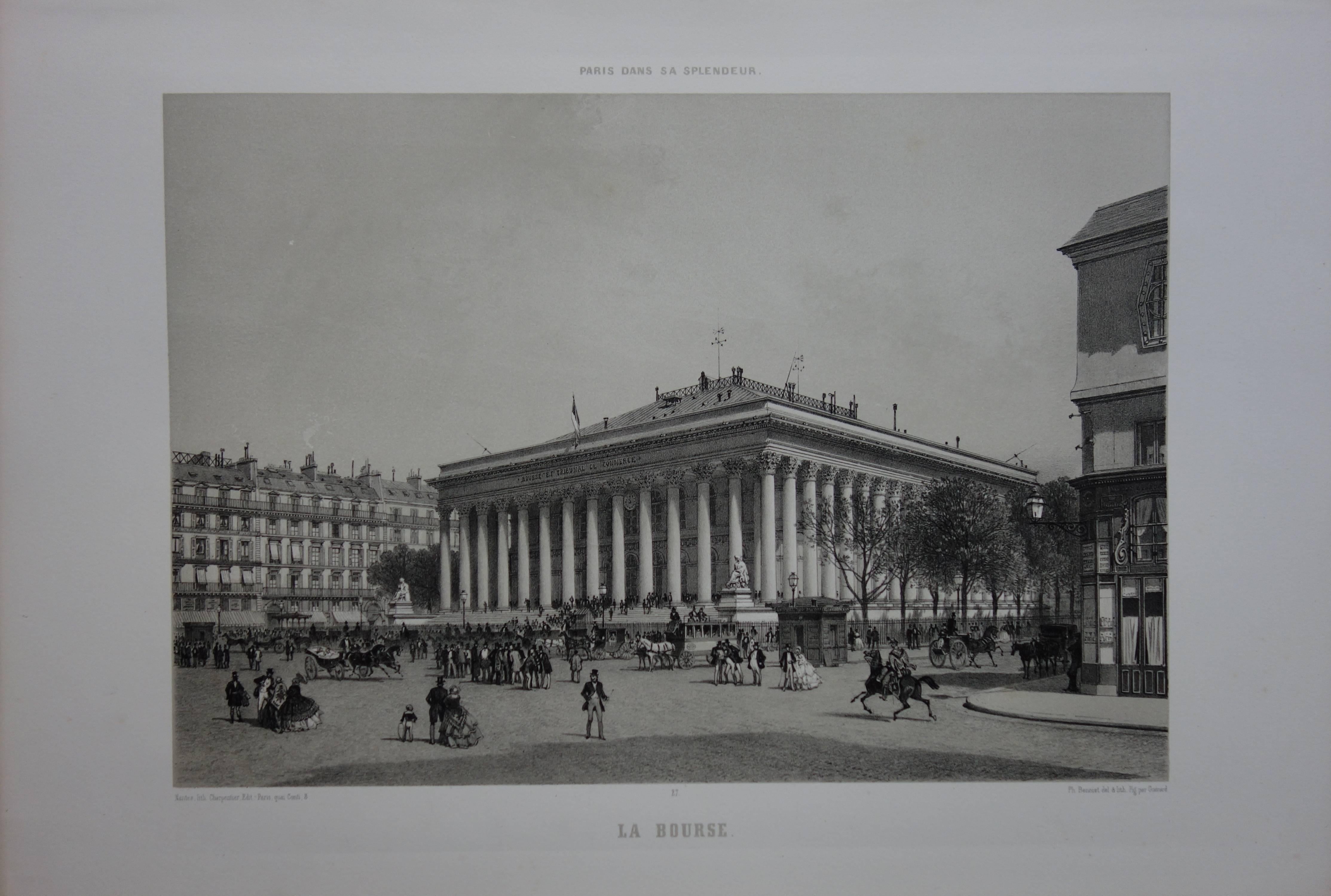 Landscape Print de  Philippe Benoist - París : Plaza de la Bolsa - Litografía original en piedra