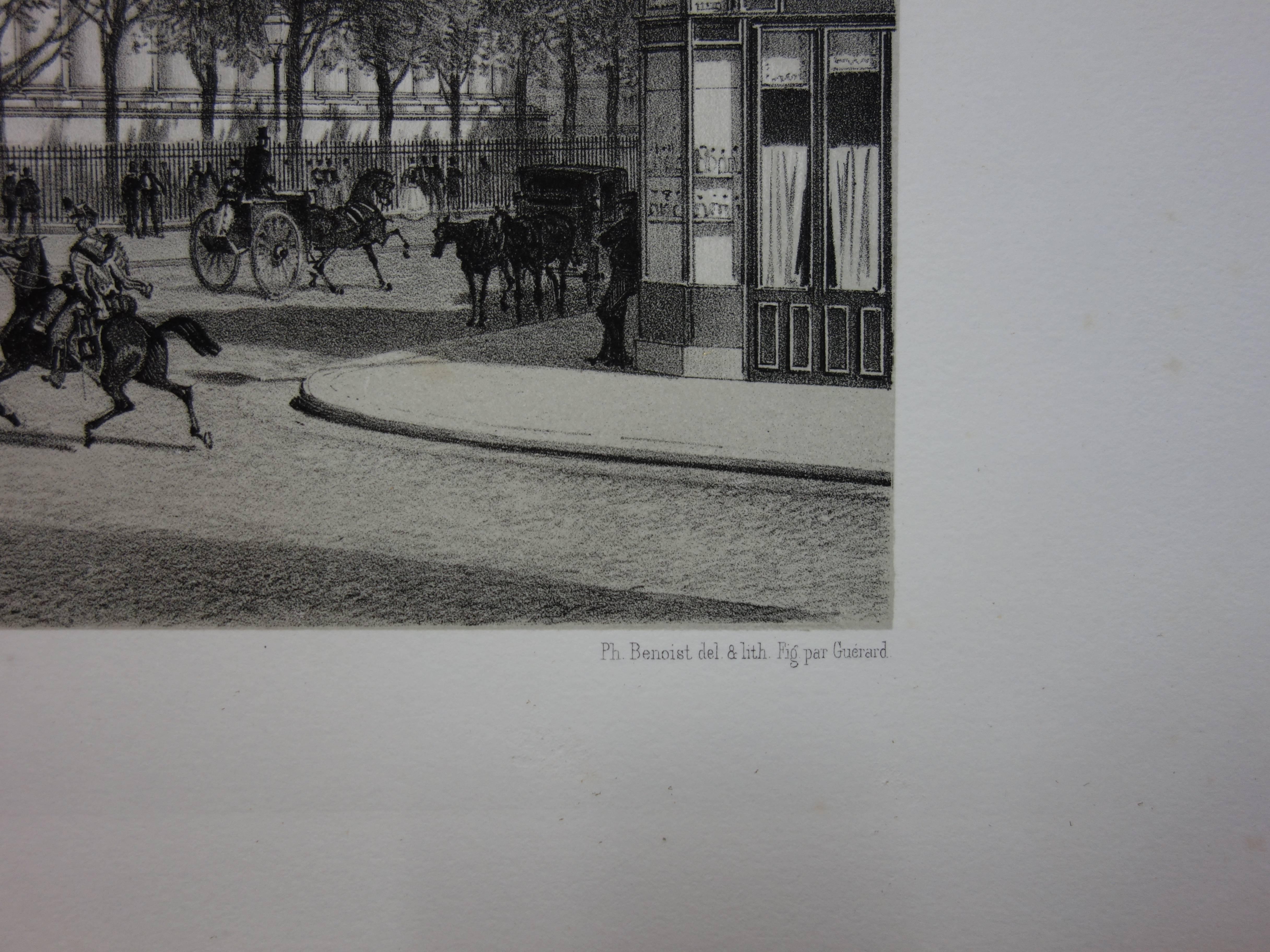 Paris : Stock Market Place - Original stone lithograph  - Gray Landscape Print by  Philippe Benoist