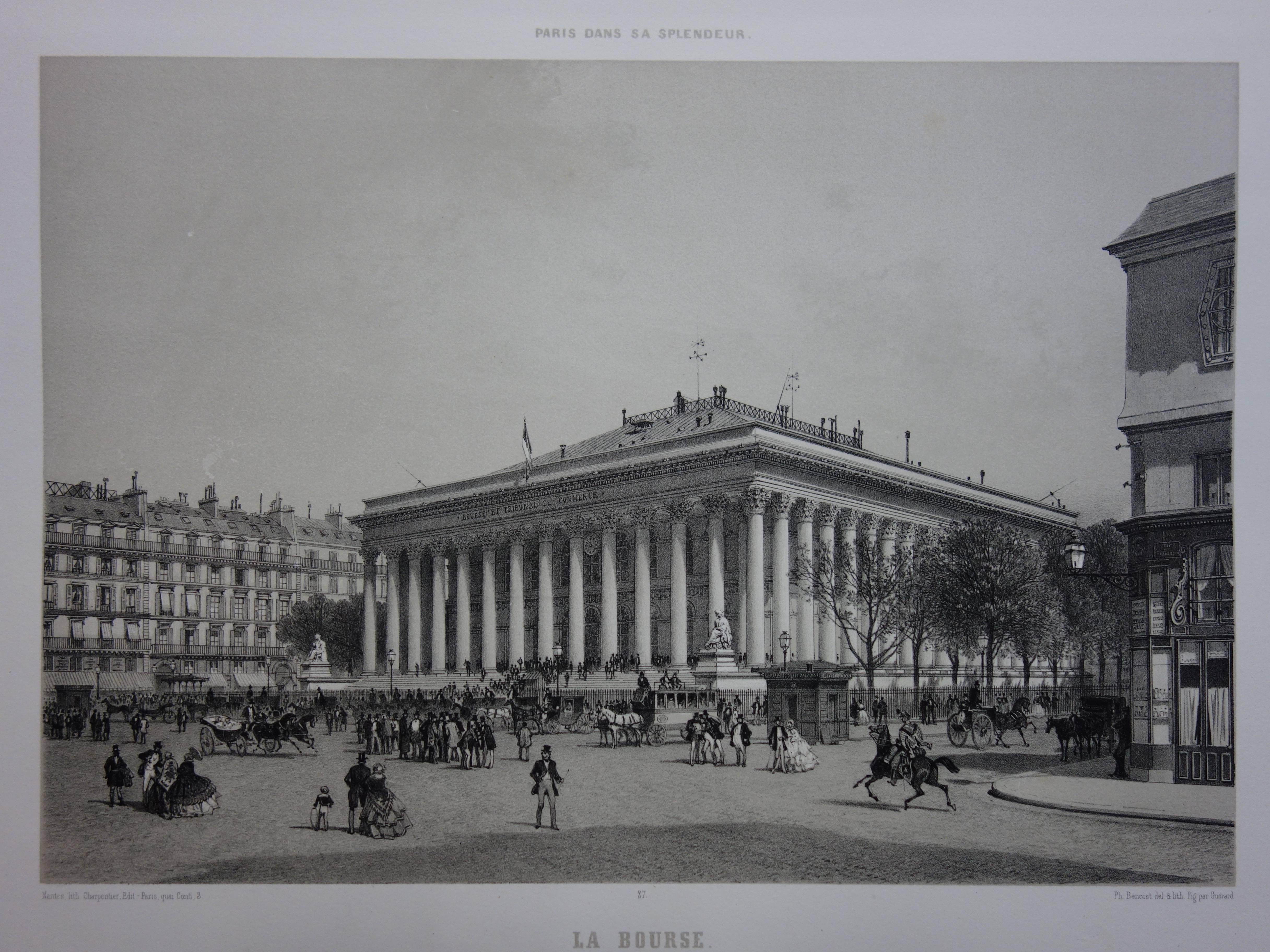 Paris : Stock Market Place - Original stone lithograph  - Print by  Philippe Benoist