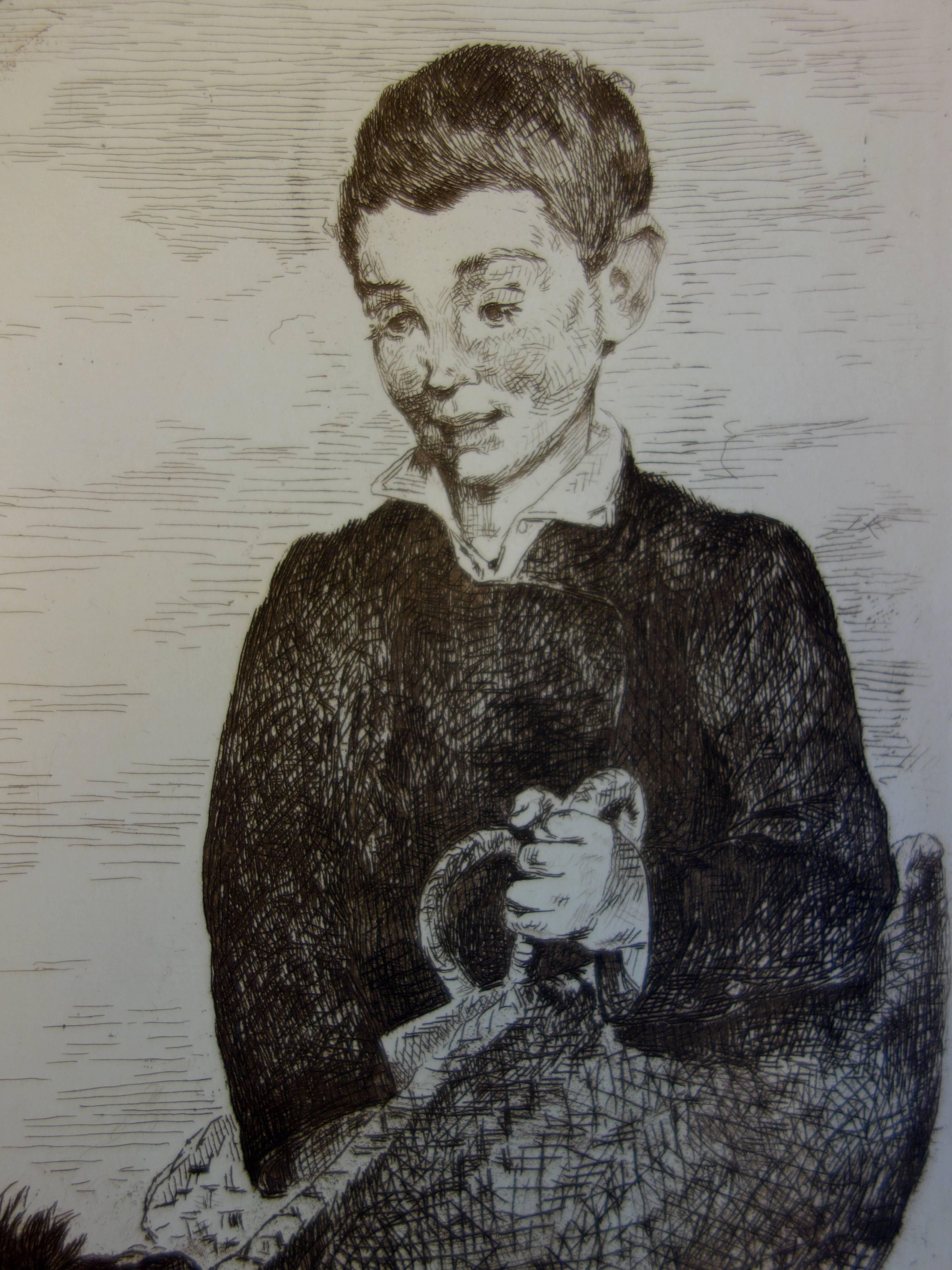 Boy with a Dog - Origninal Etching - 1862 - Impressionist Print by Edouard Manet