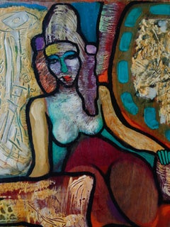 Woman with Colorful Pillows - Original painting on panel - Handsigned