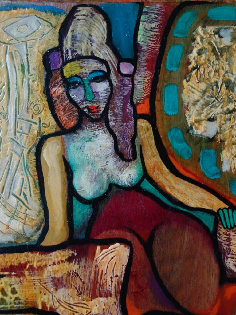 Woman with Colorful Pillows - Original painting on panel - Handsigned - Painting by Hassan Ertugrul Kahraman