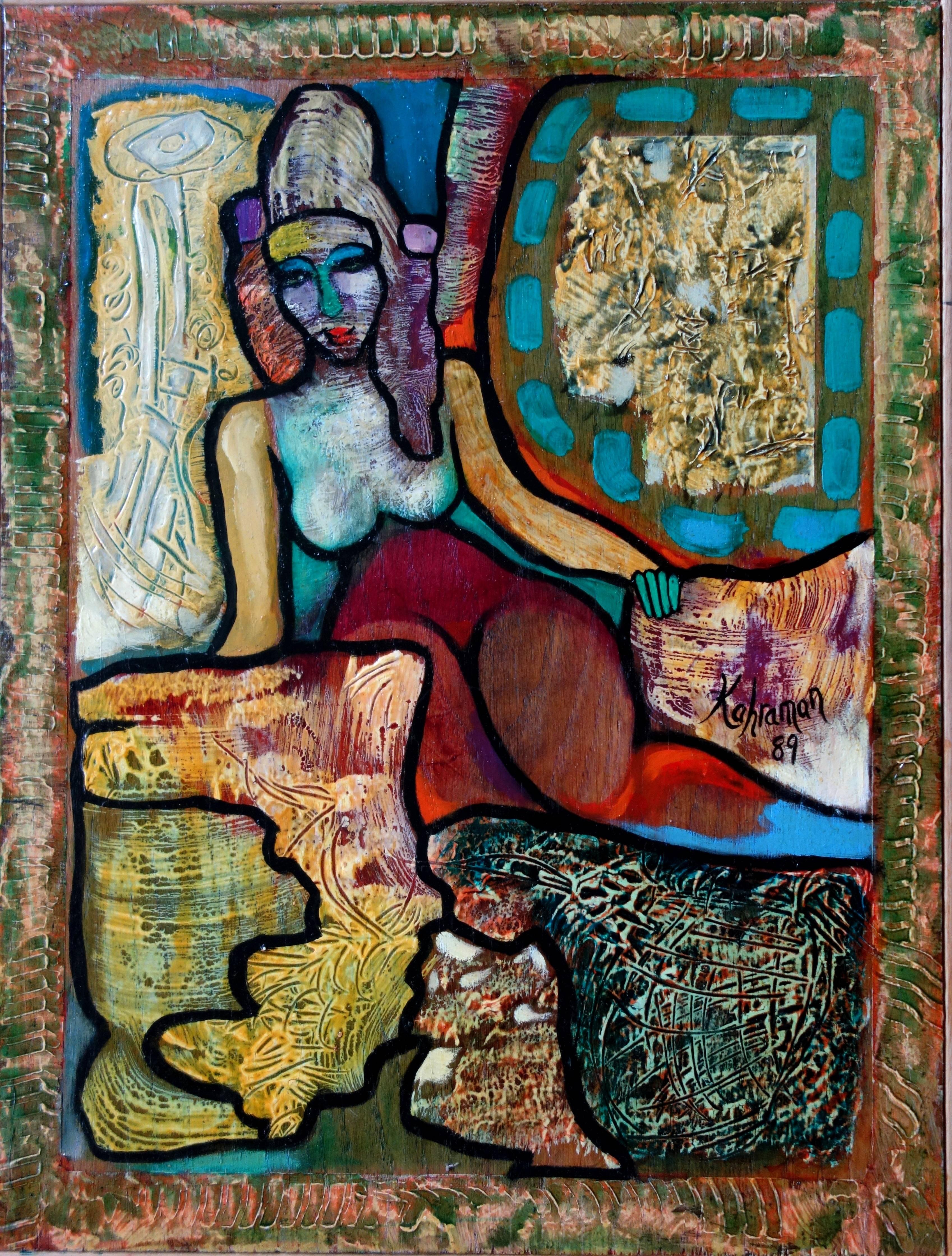 Hassan Ertugrul Kahraman Figurative Painting - Woman with Colorful Pillows - Original painting on panel - Handsigned
