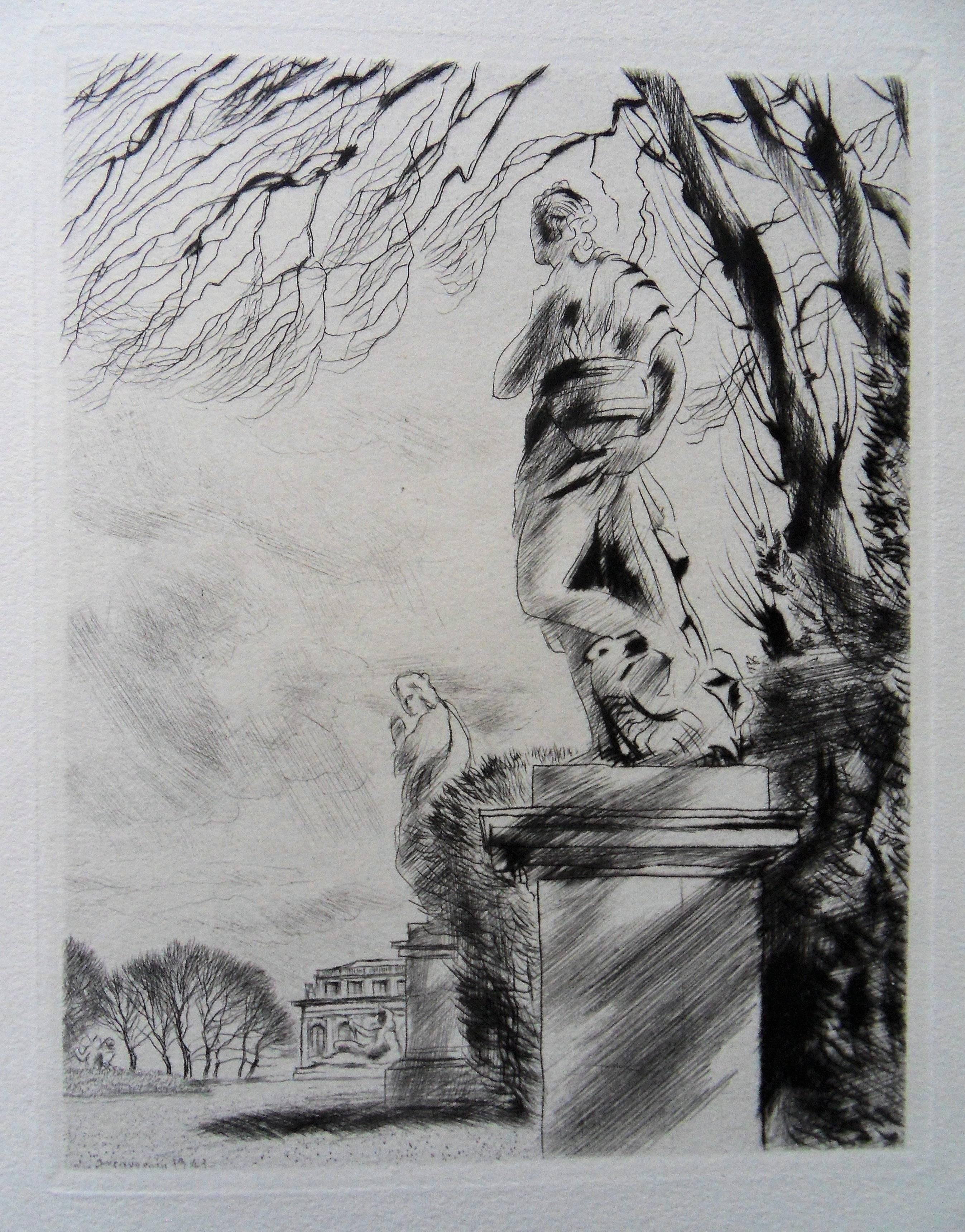 André Jacquemin Figurative Print - Sculptures in Paris - Original etching, 1943