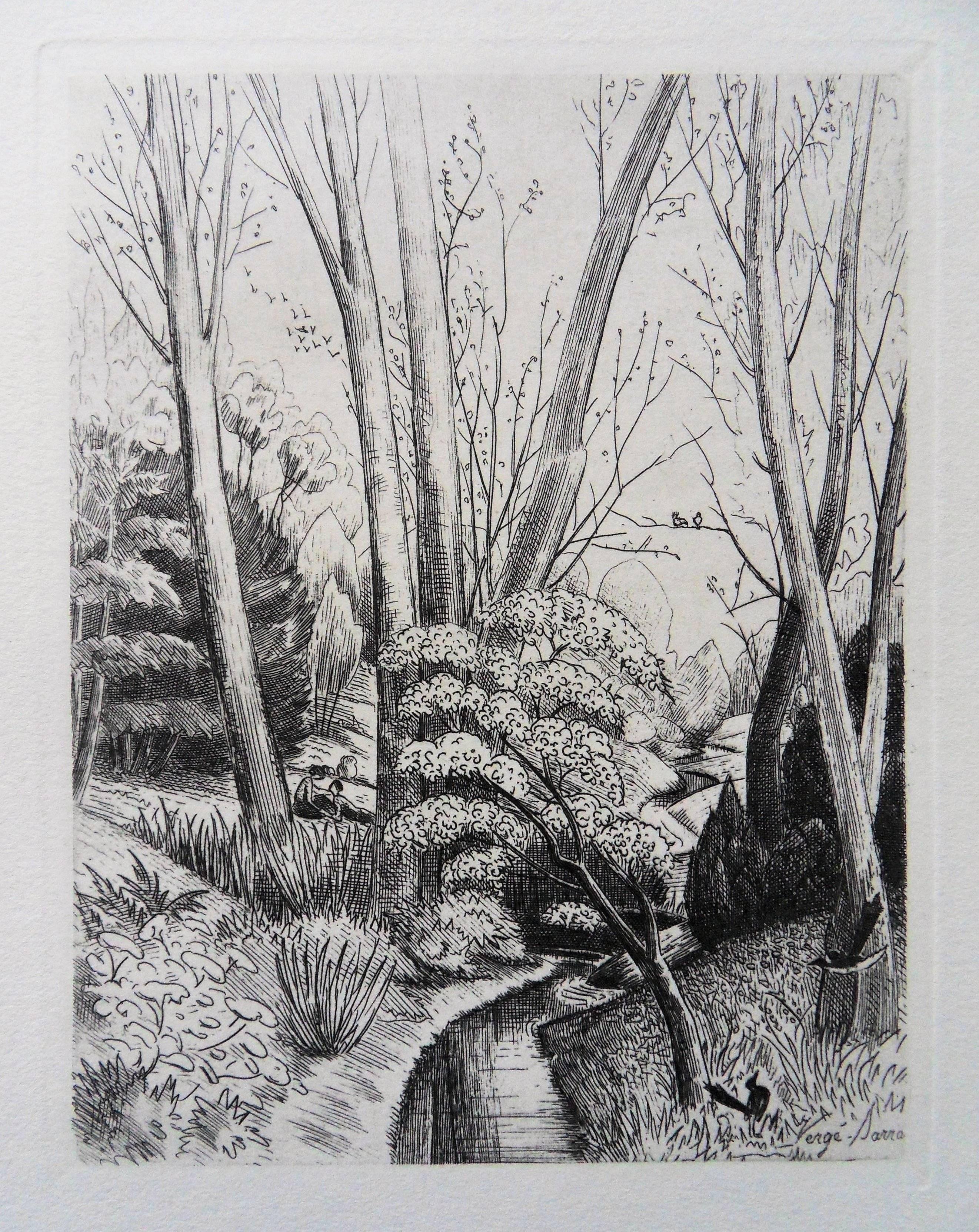 André Jacquemin Figurative Print - Magpie Near a River - Original etching, 1943