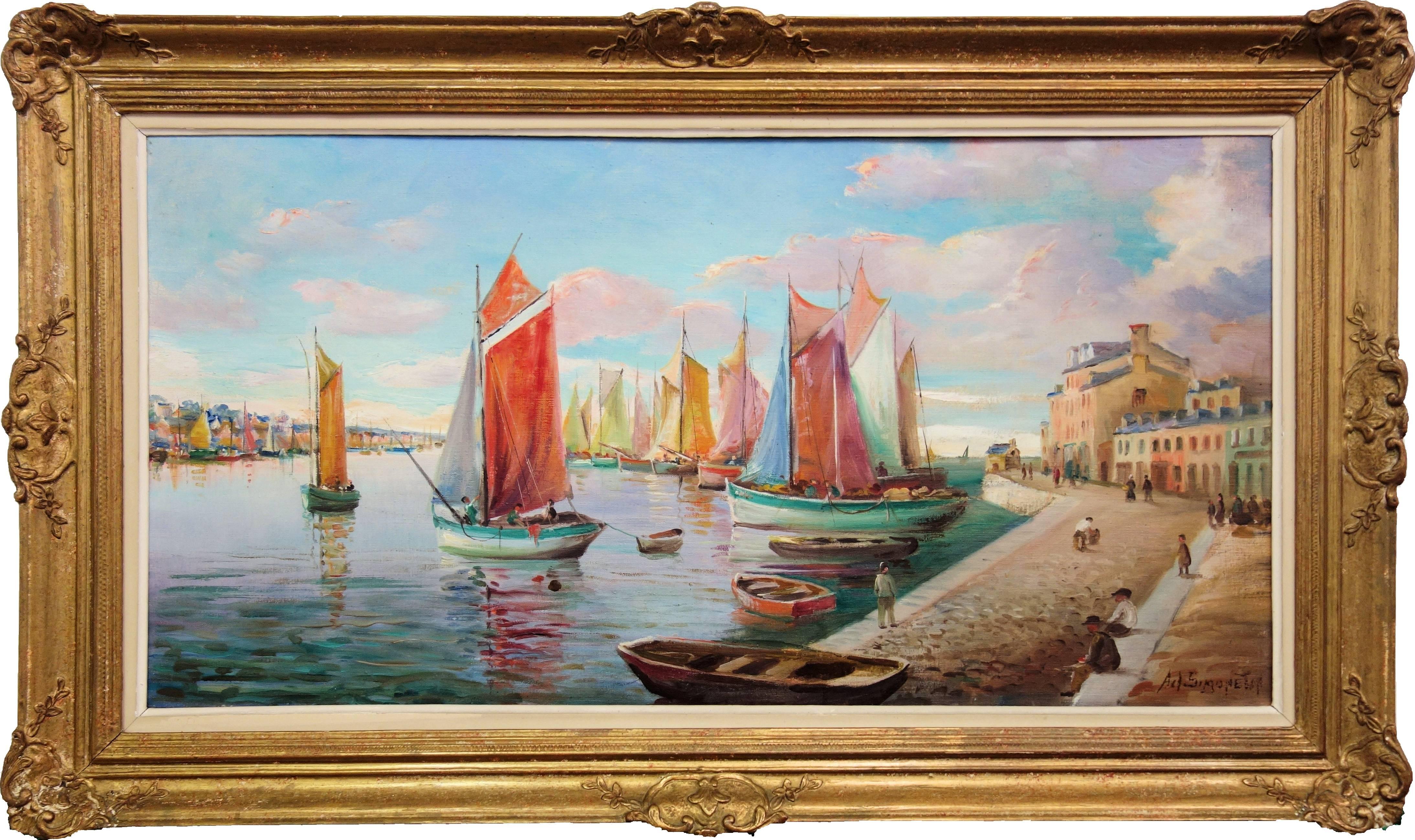 Adrien Simoneton Landscape Painting - Harbour in the Early Morning - Signed oil on canvas - Framed