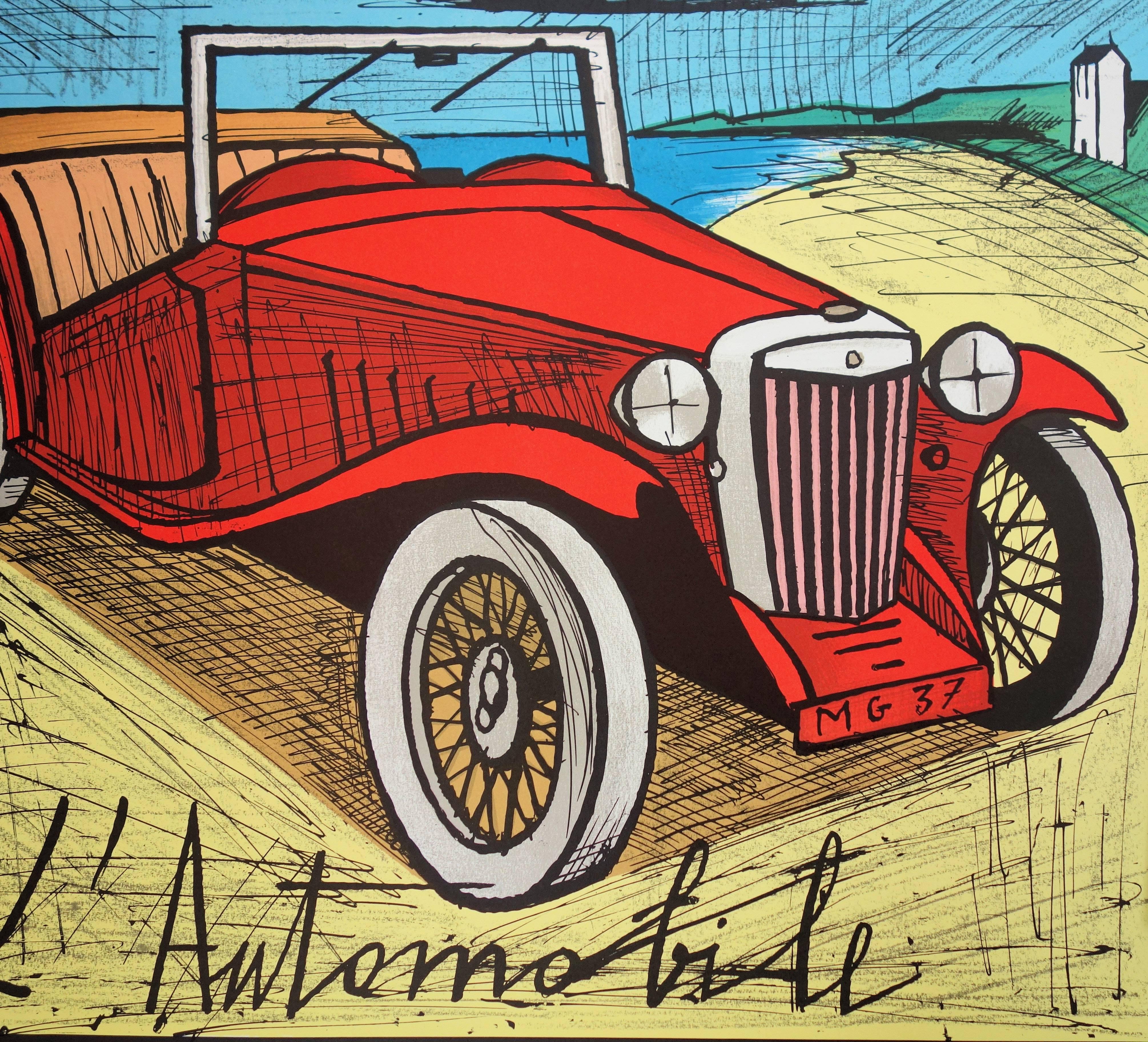 Cars : Red MG 1937 - Lithograph - Mourlot 1985 - Modern Print by Bernard Buffet