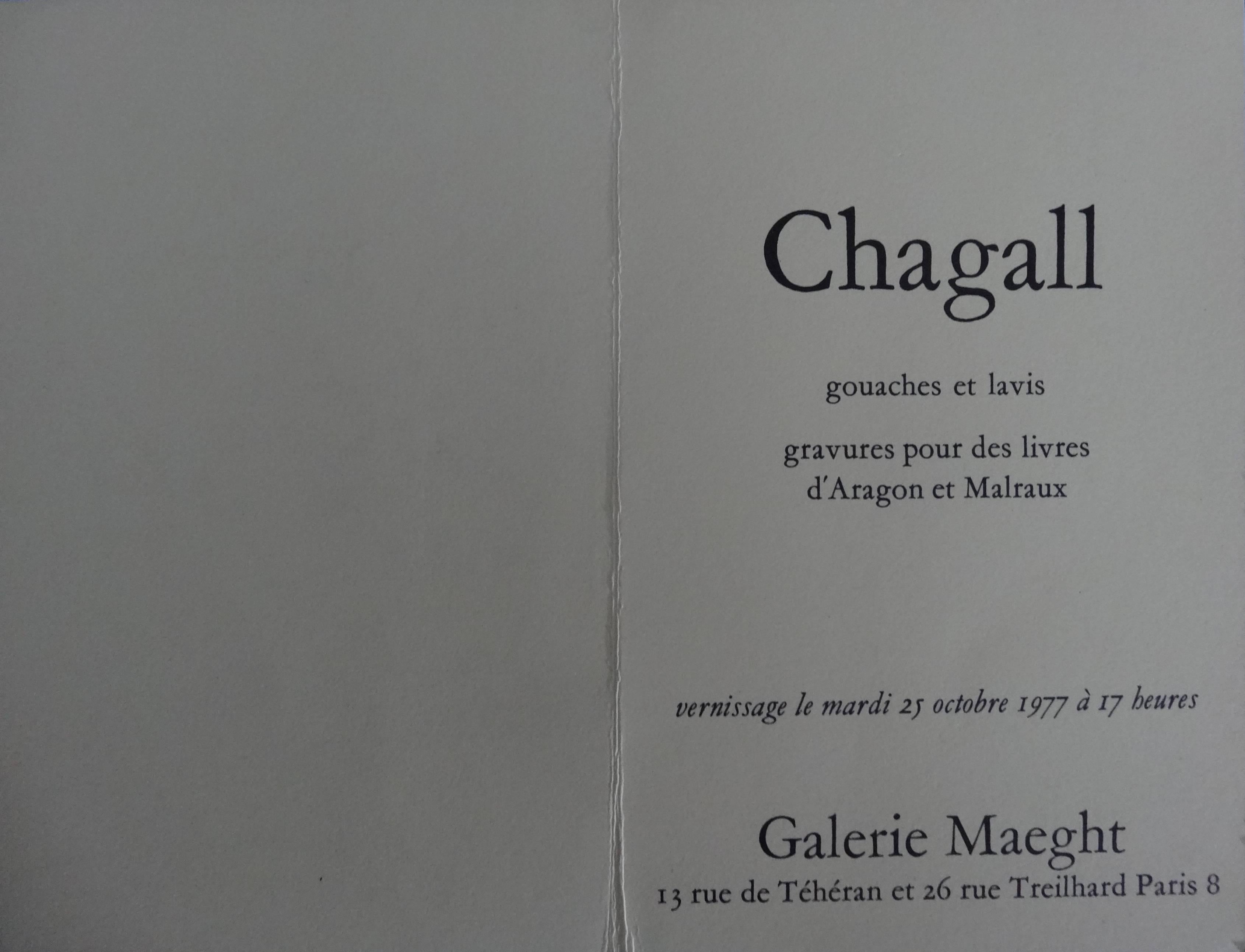 Marc Chagall (nach) 
Zeichner mit Palette

Farblithographie nach einem Aquarell
Gedruckt bei Ateliers Arte / Maeght
15.5 x 10 cm (offen 15,5 x 20 cm) / ca. 6 x 4 in (offenes Format ca. 6 x 8 in)

Lithographie zur Eröffnung der Ausstellung 