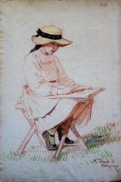 Young Girl Drawing in the Garden - Original Signed Charcoals Drawing