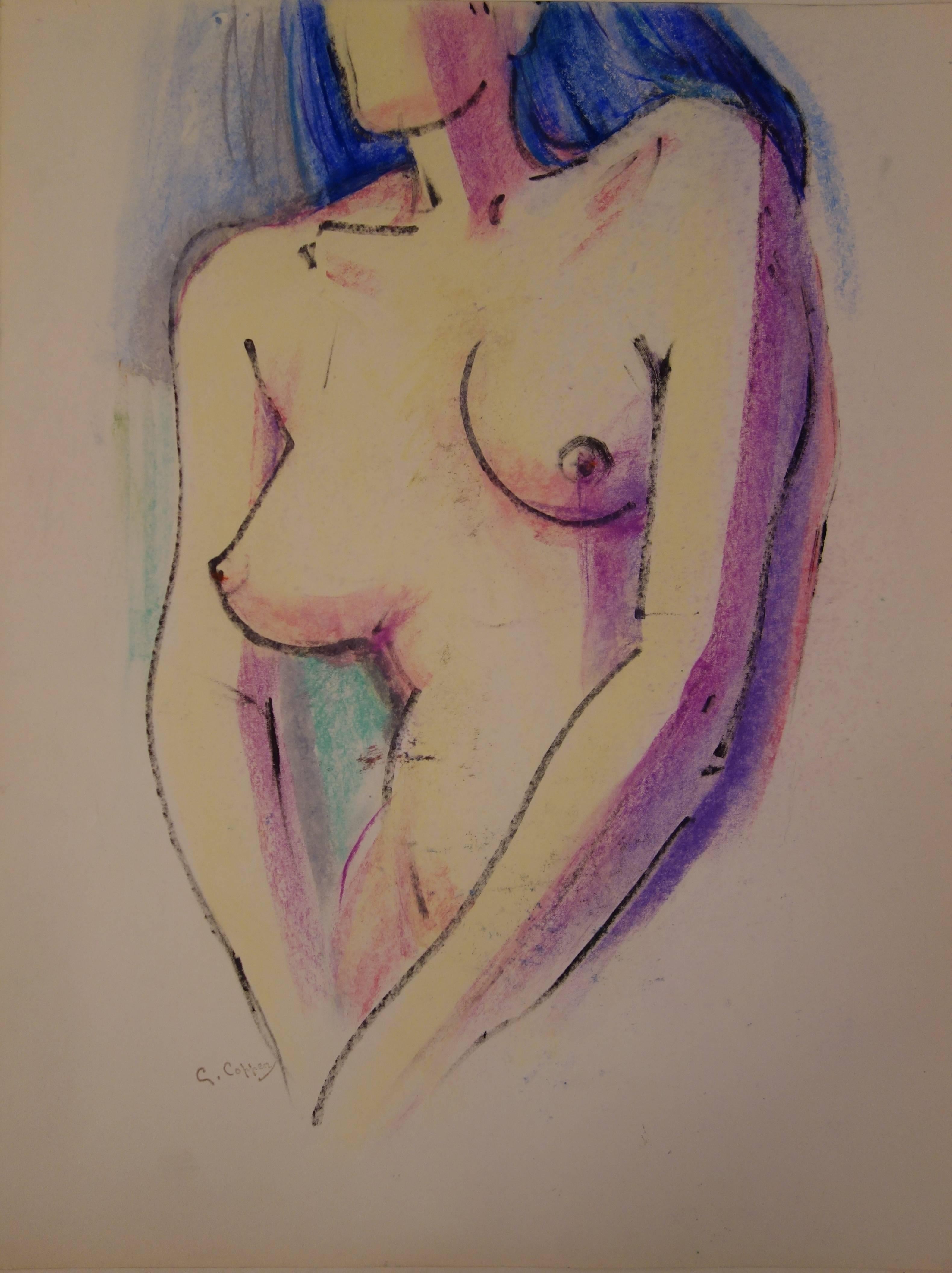 Pink and Blue Nude - Original signed charcoals drawing - Art by Gaston Coppens