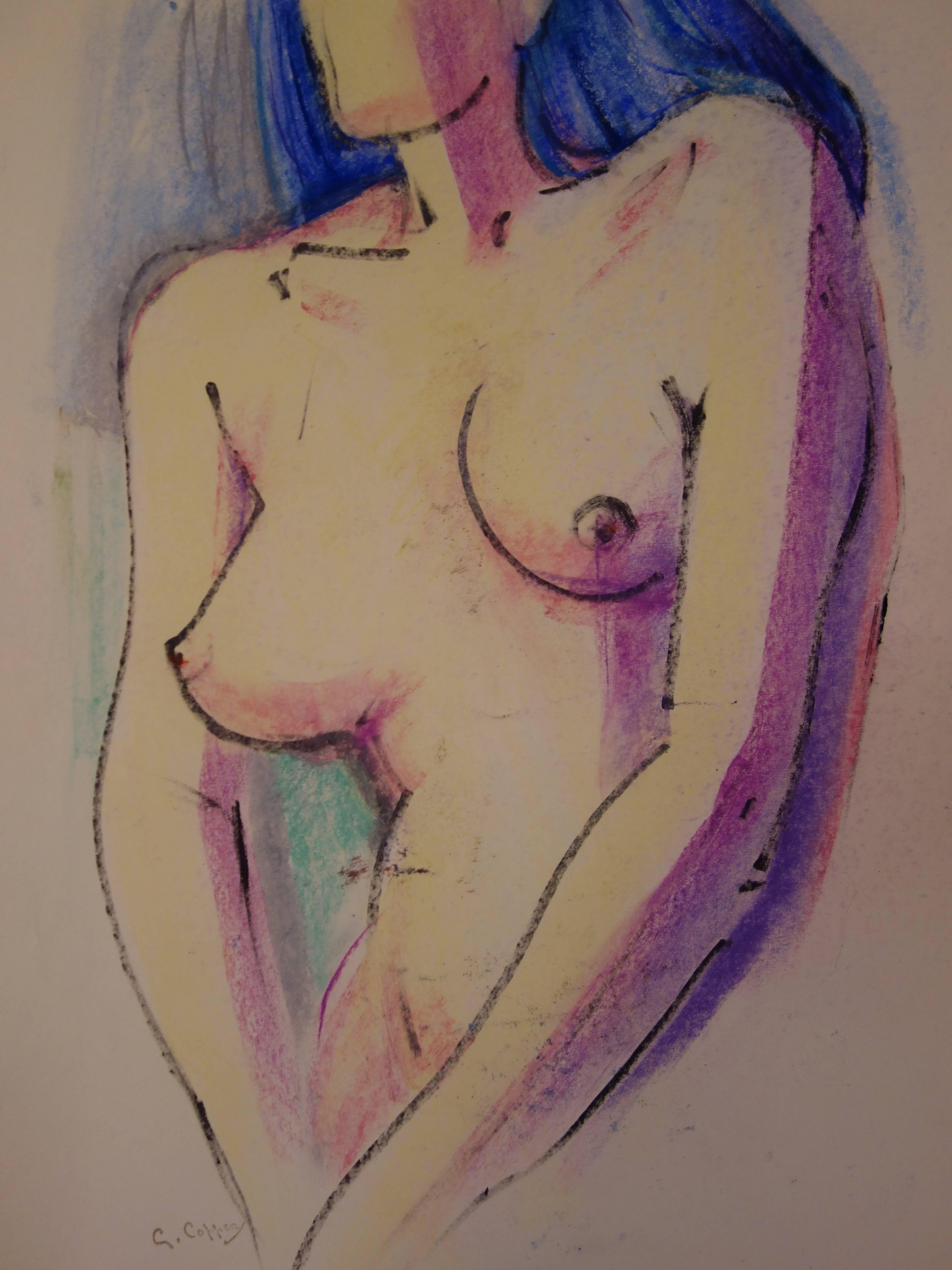Nudo rosa e blu - Disegno originale firmato a carboncino - Art di Gaston Coppens