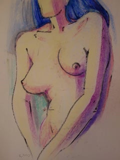 Pink and Blue Nude - Original signed charcoals drawing