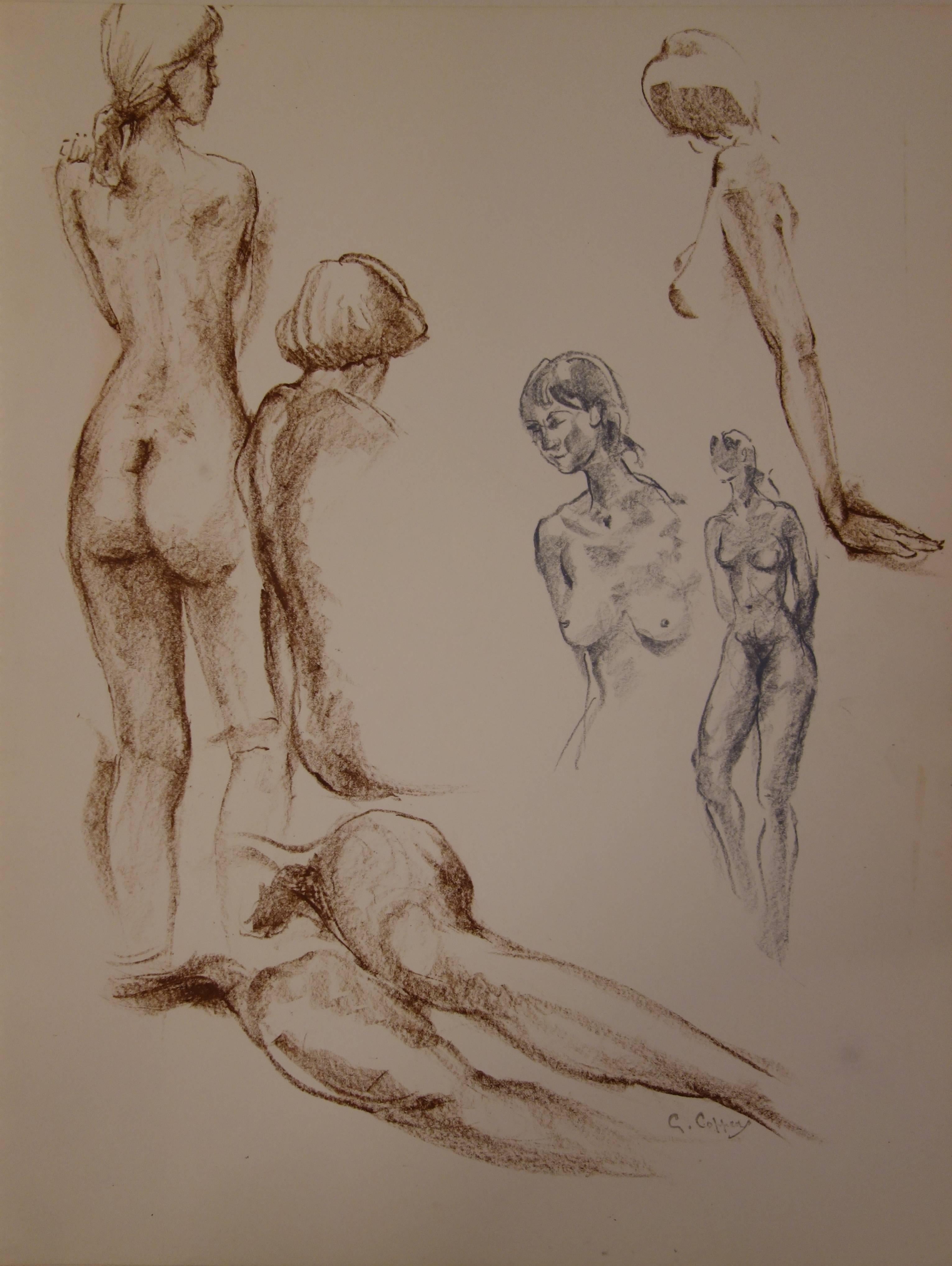 Nude Studies in Brown and Grey - Original signed charcoals drawing - Art by Gaston Coppens