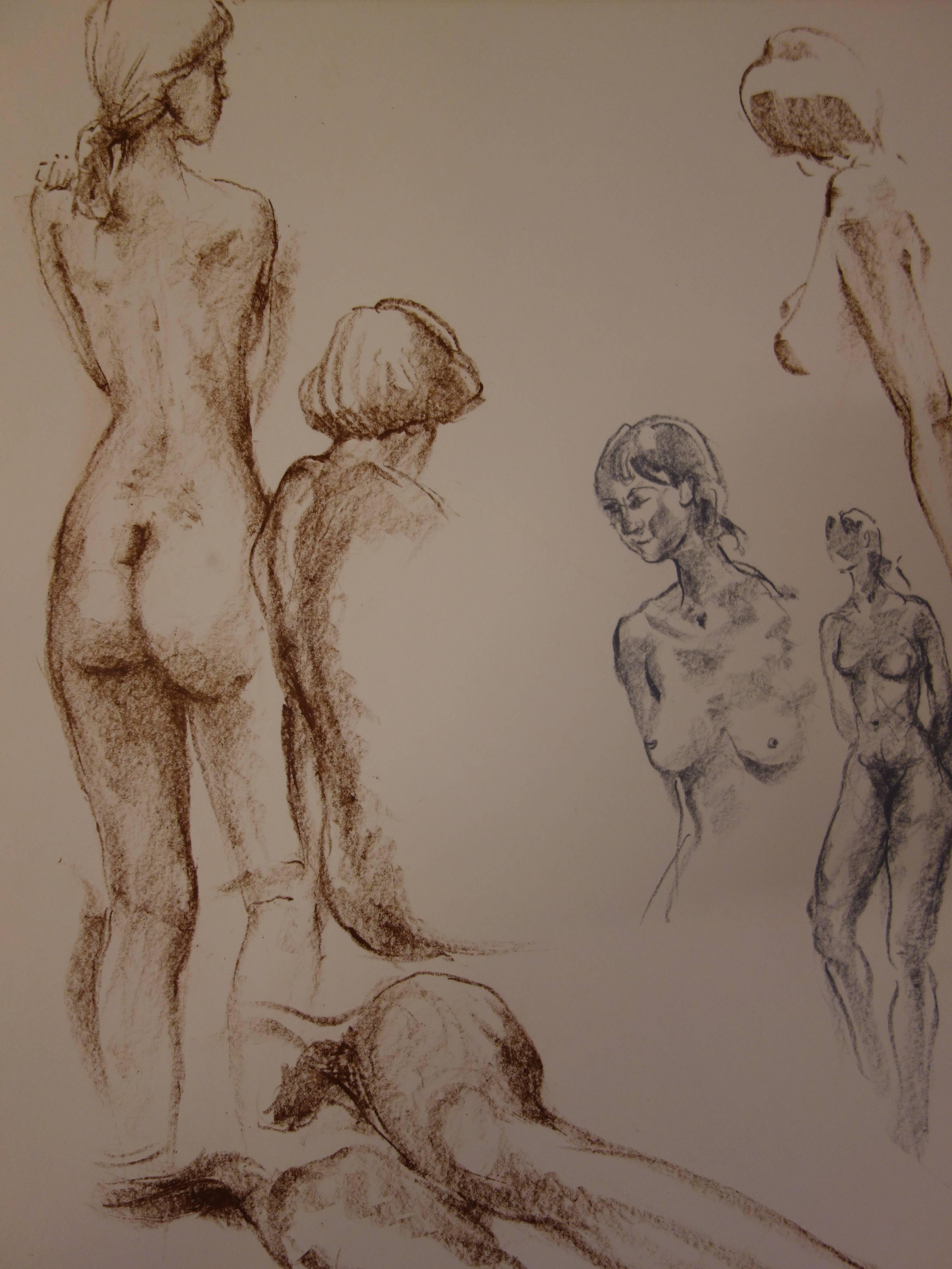 Nude Studies in Brown and Grey - Original signed charcoals drawing - Modern Art by Gaston Coppens