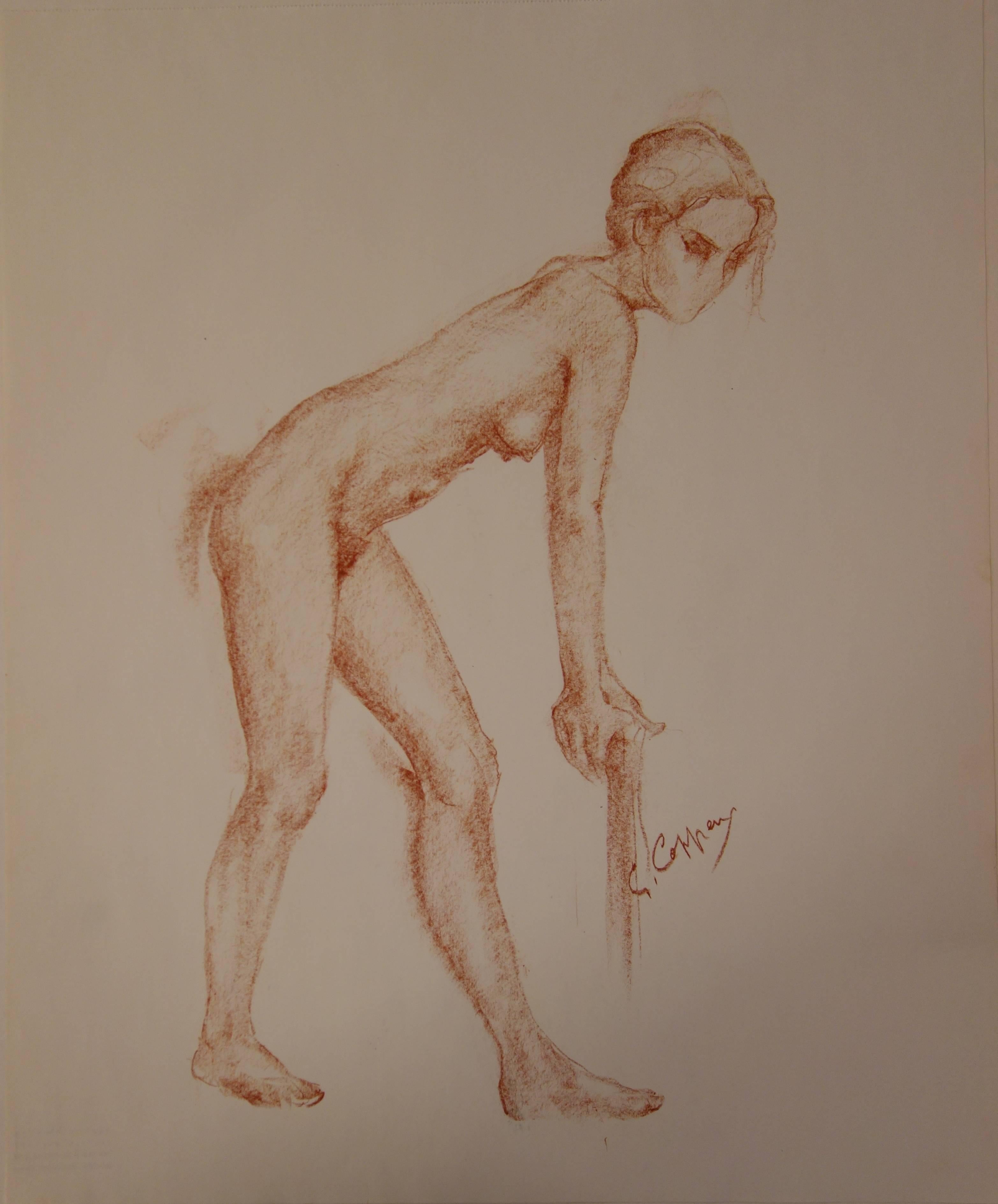 Nude Leaning on a Stick - Original signed charcoals drawing