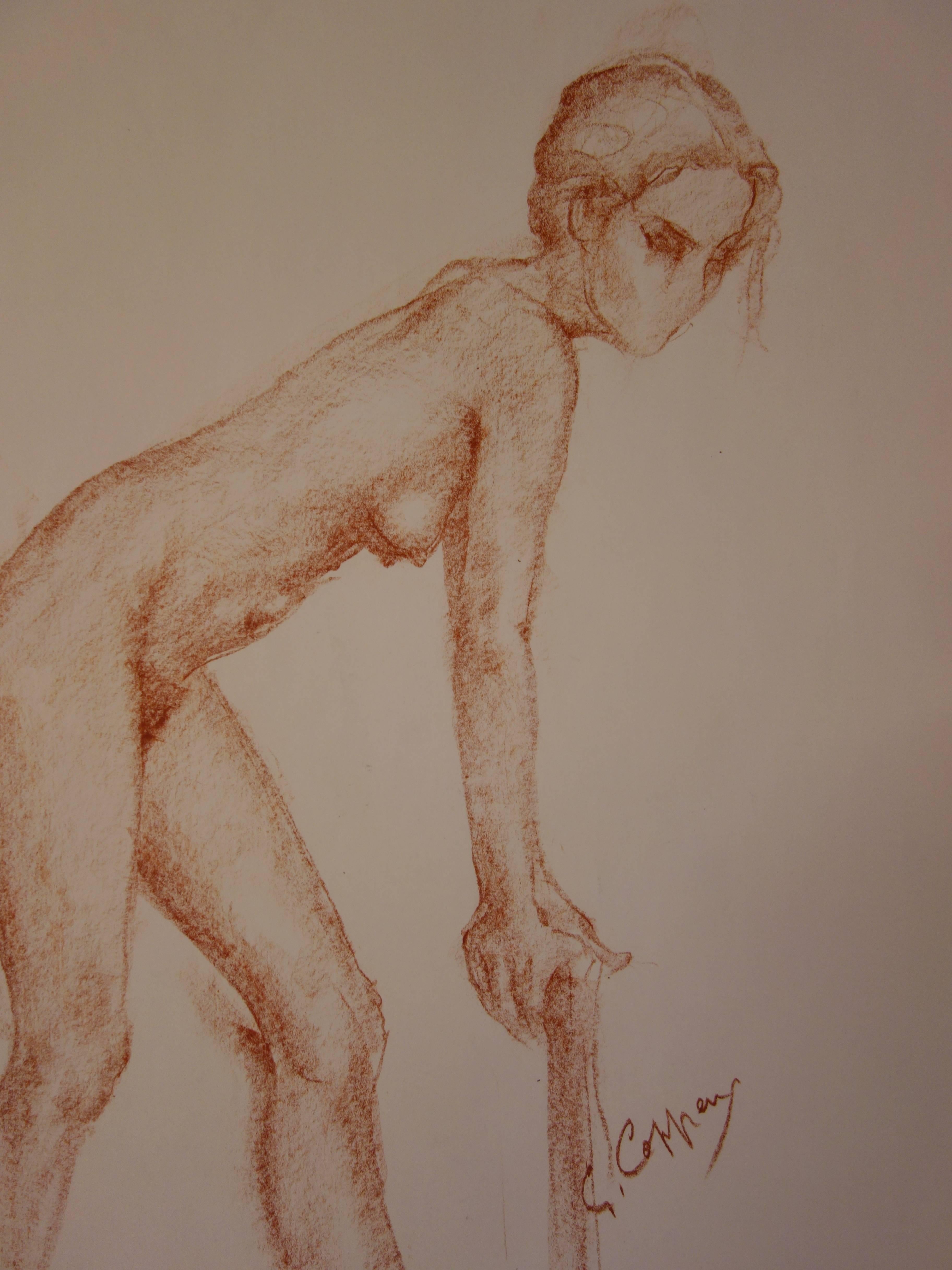 Nude Leaning on a Stick - Original signed charcoals drawing For Sale 1