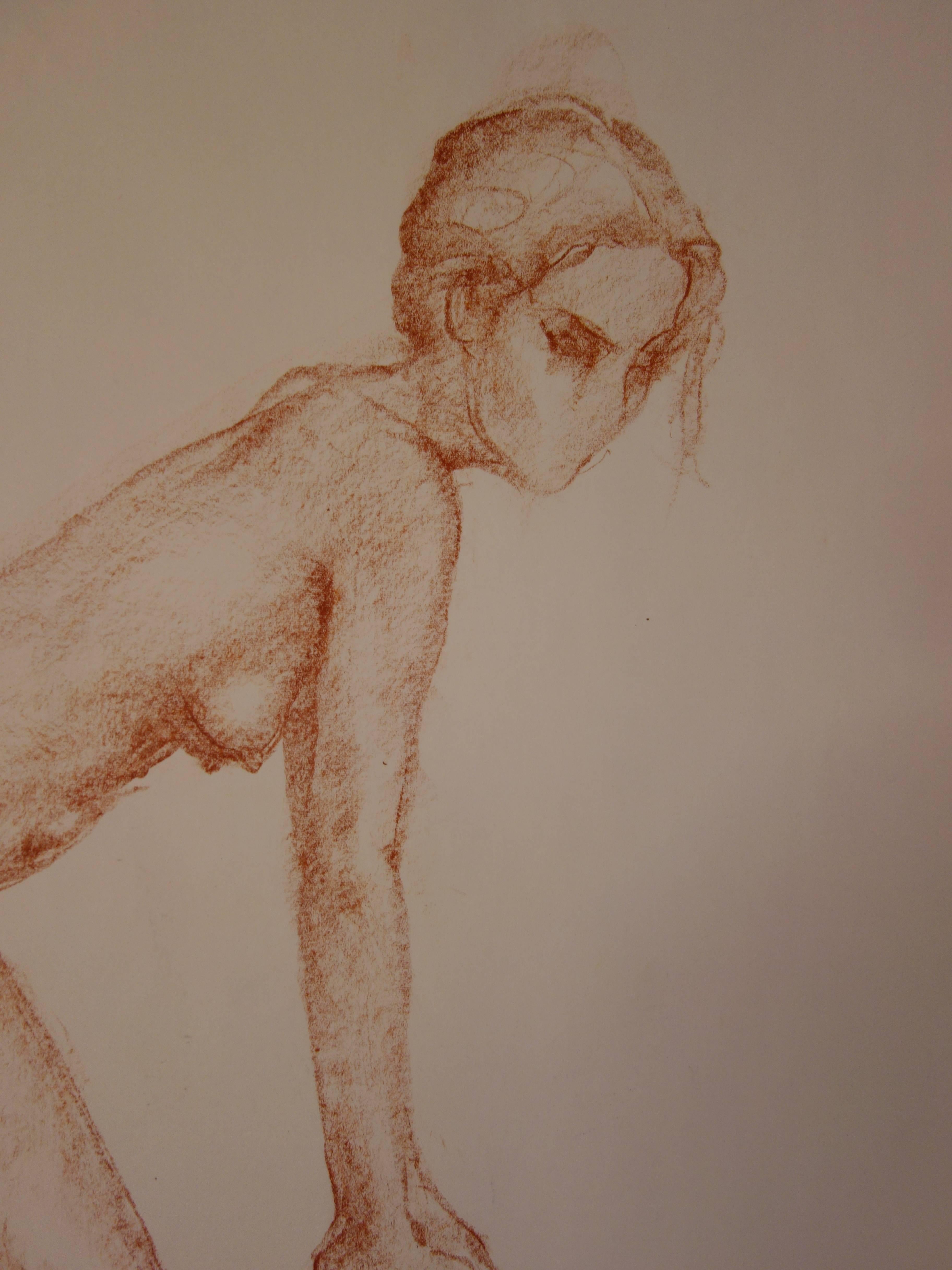 Nude Leaning on a Stick - Original signed charcoals drawing For Sale 2
