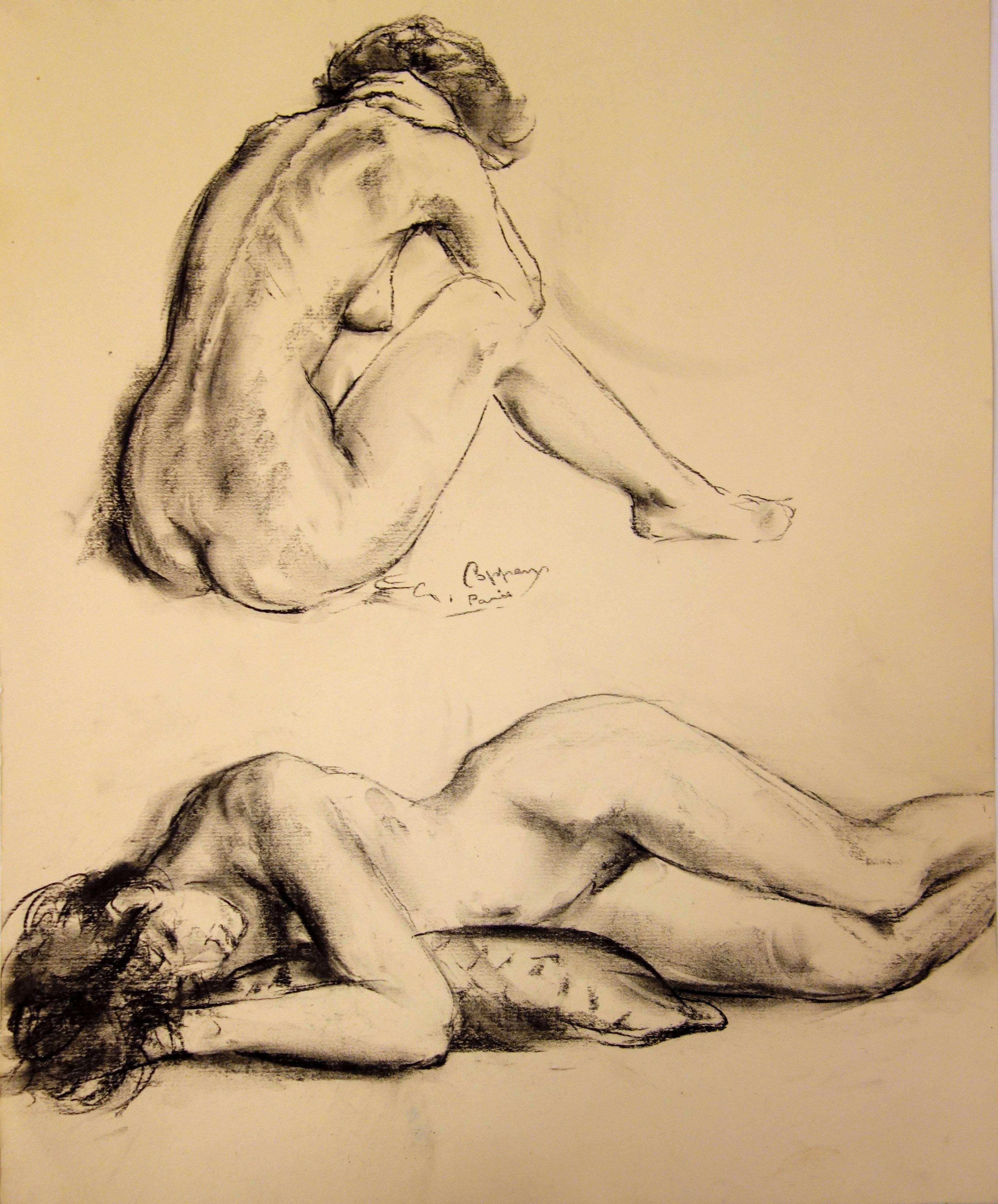 Gaston Coppens Nude - Angel Seated and Resting - Original signed charcoals drawing