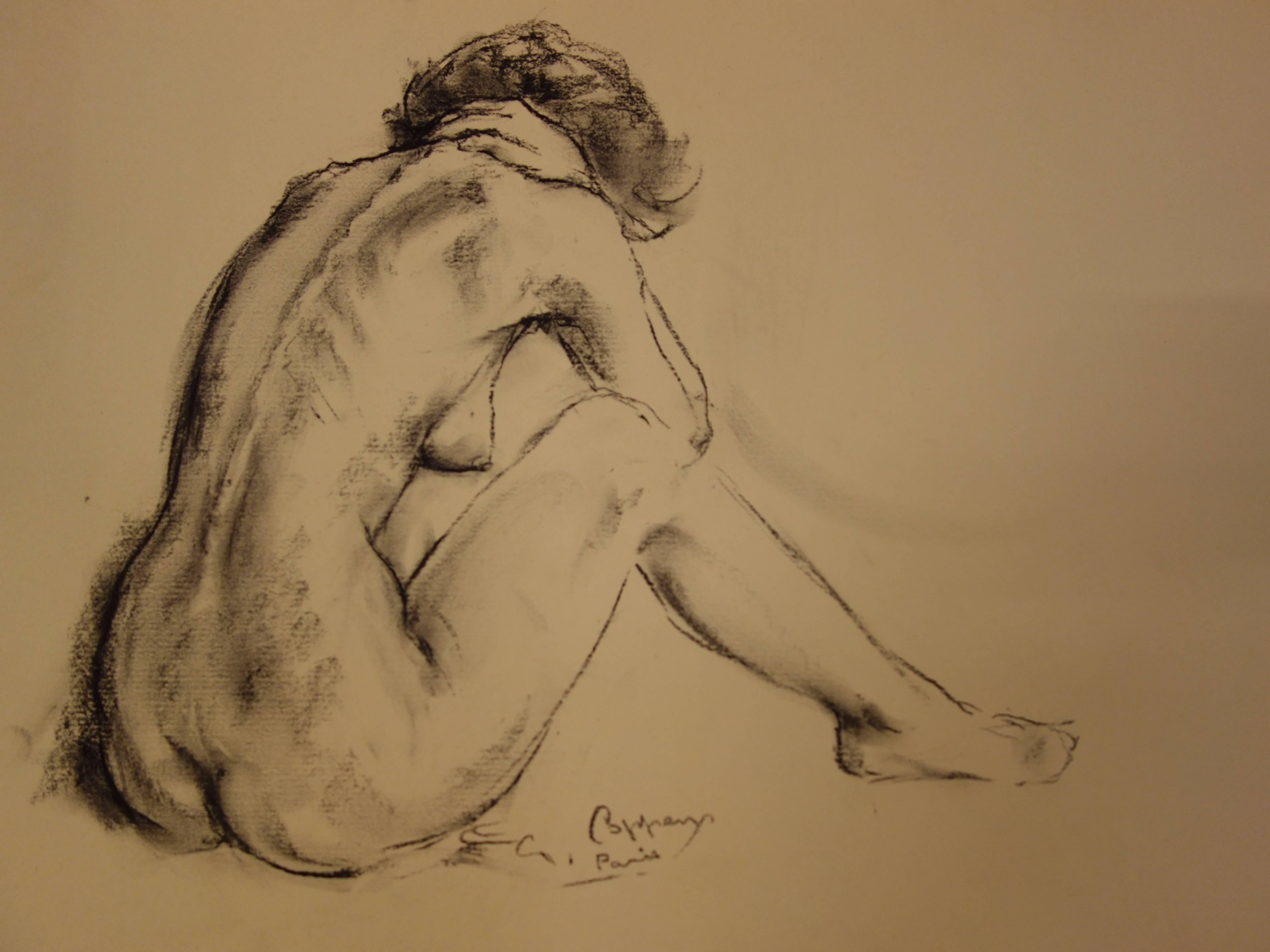 Angel Seated and Resting - Original signed charcoals drawing - Modern Art by Gaston Coppens