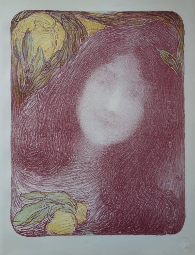 Portrait Print di Edmond Aman-Jean - Sous les fleurs - Litografia originale (1897/98)