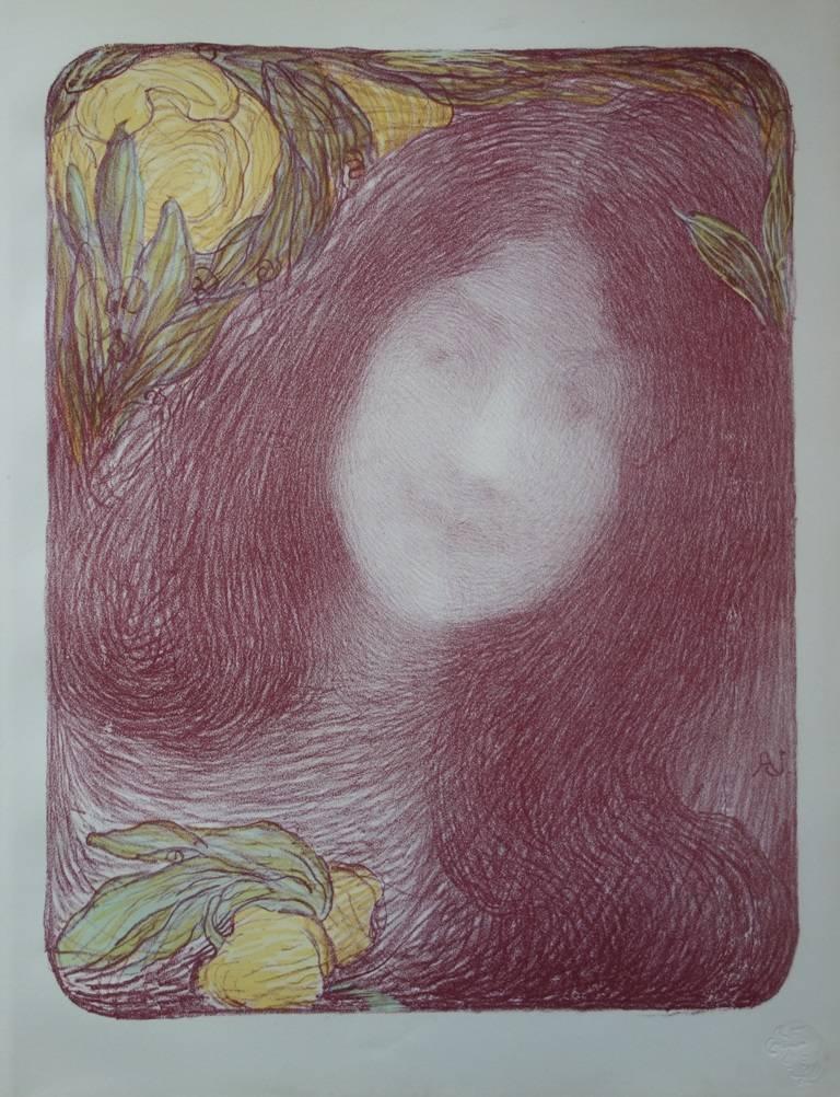 Edmond Aman-Jean Portrait Print - Sous les fleurs - Original lithograph (1897/98)