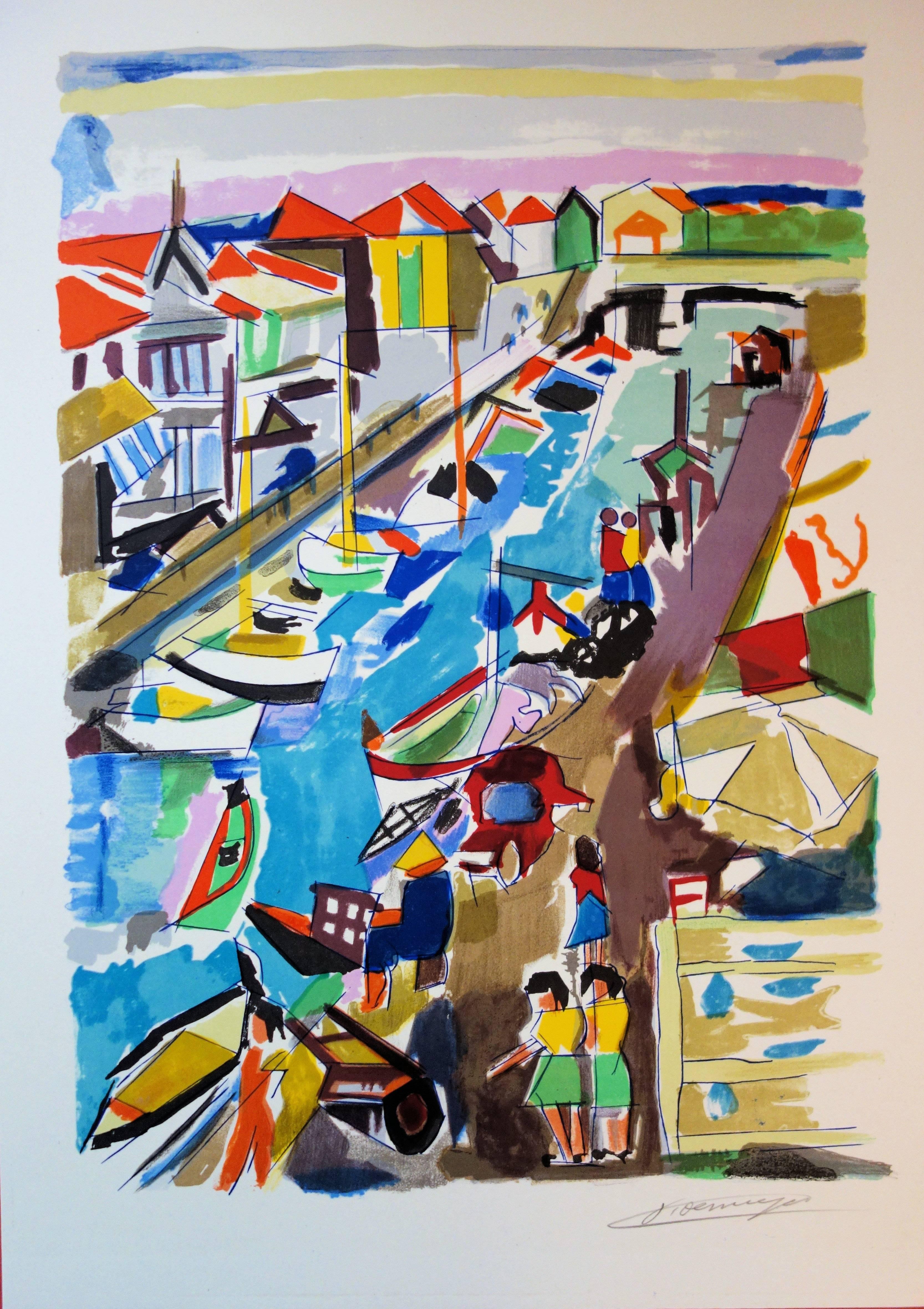 François Desnoyer Figurative Print - Brittain Small Harbour - Original handsigned lithograph