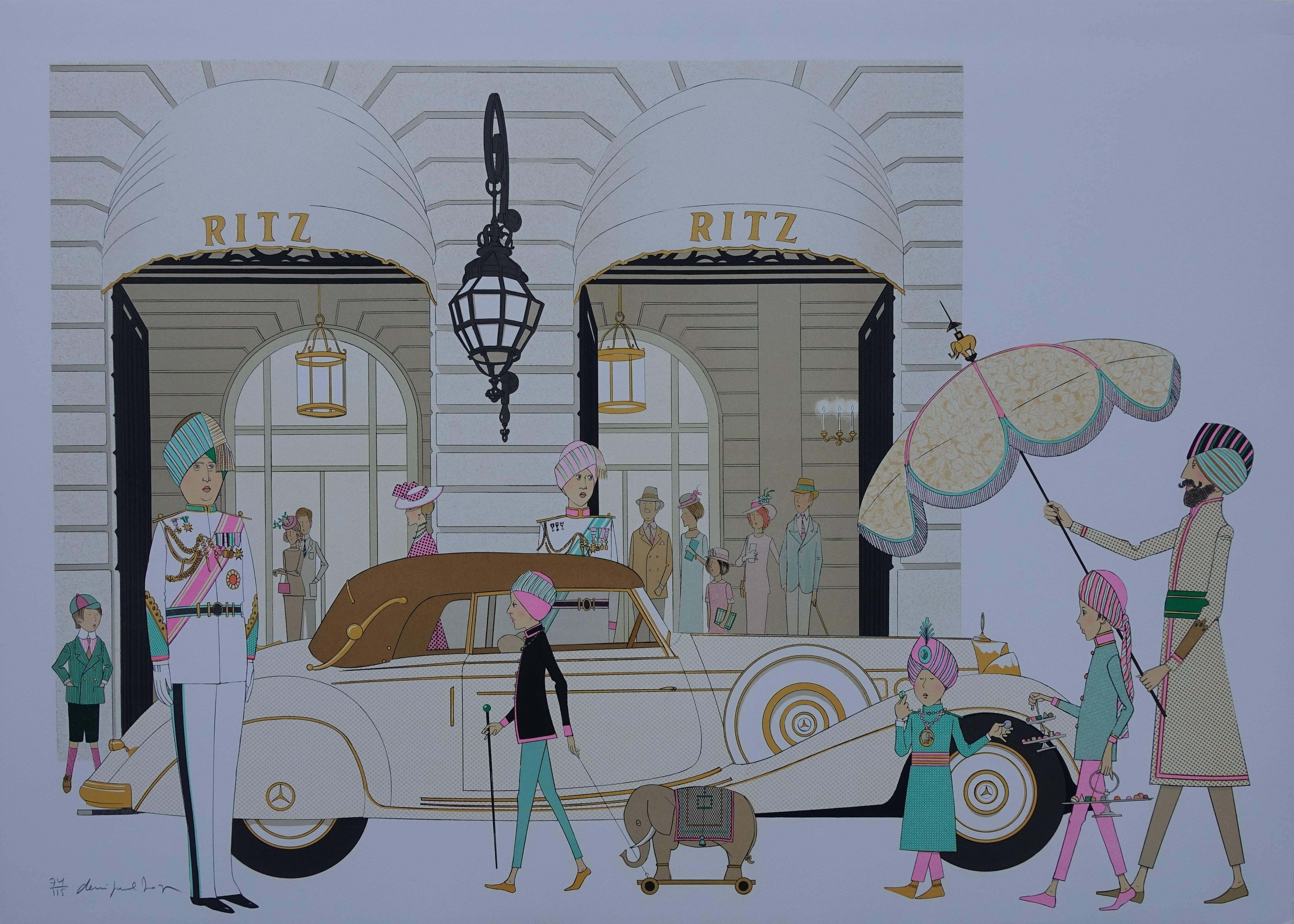 Denis Paul Noyer Figurative Print - Mercedes Cabriolet 770 and HOTEL RITZ in PARIS - Signed lithograph - 115ex