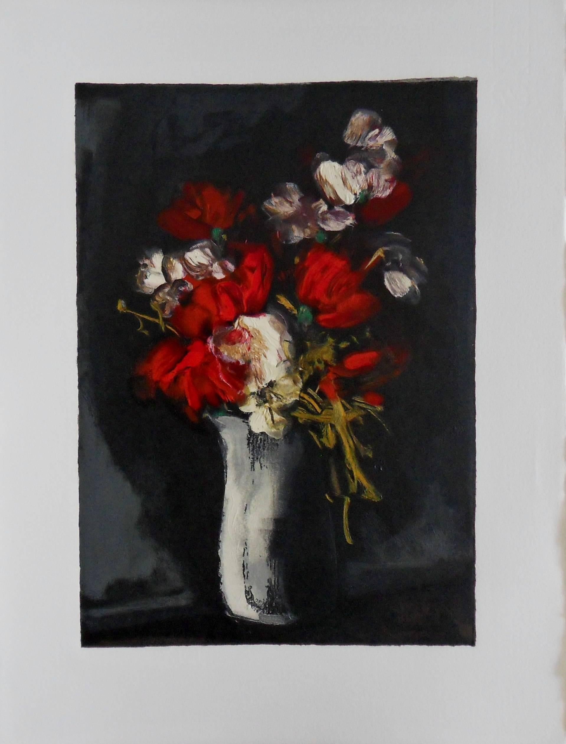 Wild Red and White flowers - Original woodcut on Arches Vellum