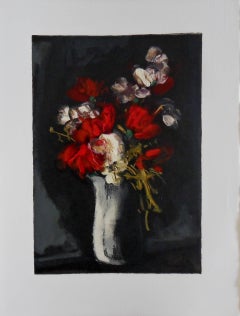 Flores silvestres rojas y blancas - Xilografía original sobre pergamino Arches