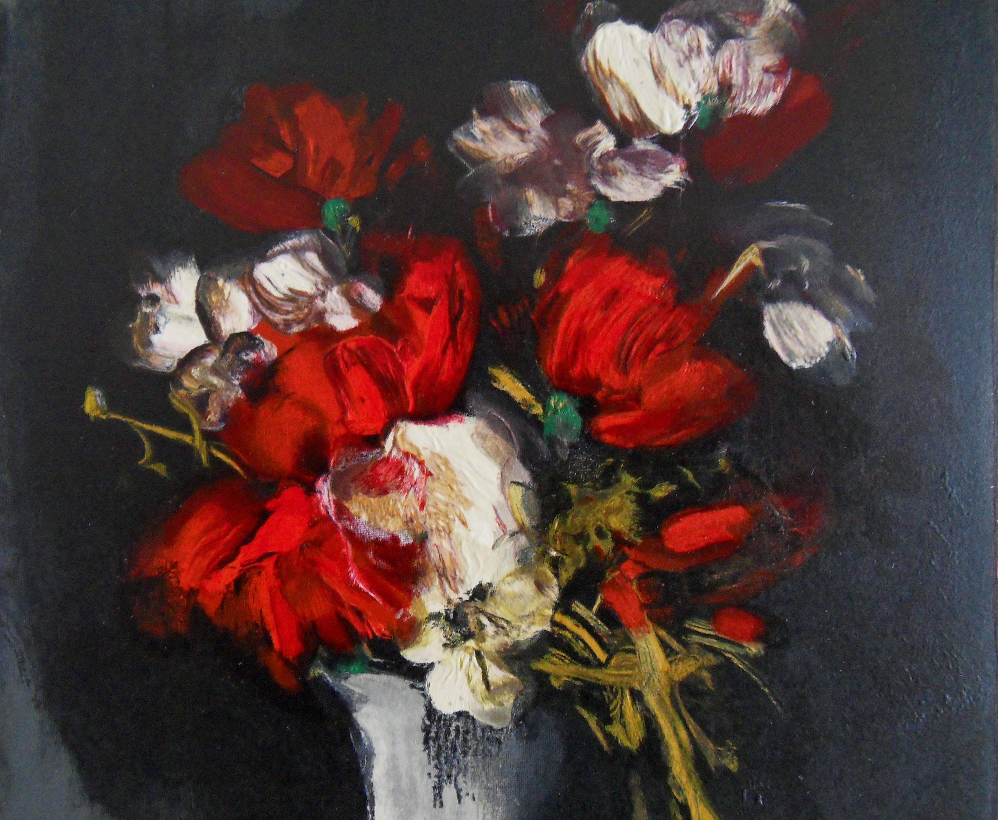 Wild Red and White flowers - Original woodcut on Arches Vellum - Realist Print by Maurice de Vlaminck