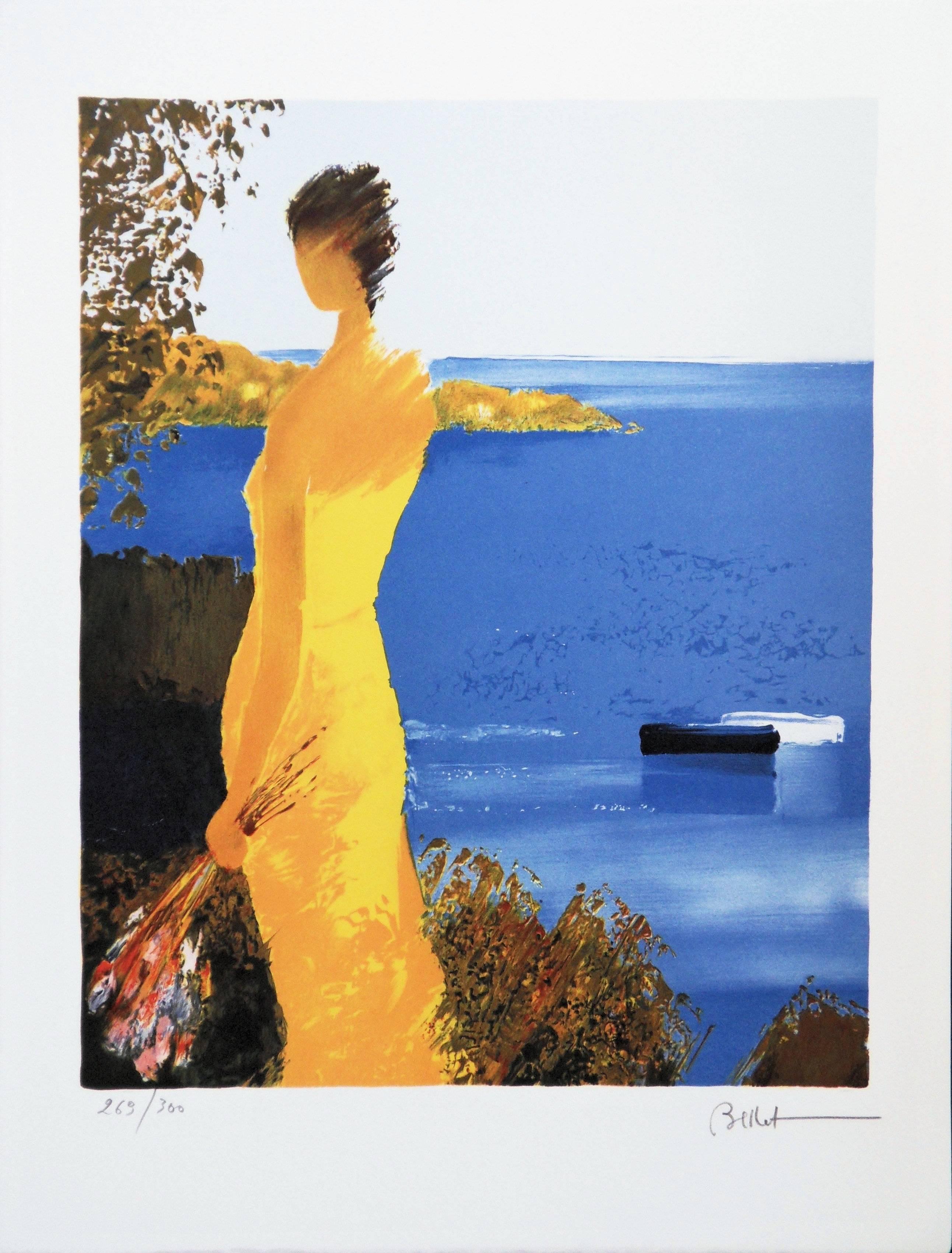 Emile Bellet Figurative Print - Woman in a Yellow Dress in the French Riviera - Handsigned lithograph