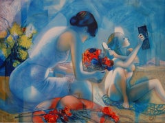 Blue Wind : Mutter & Child - Original handsignierte Lithographie - 199ex