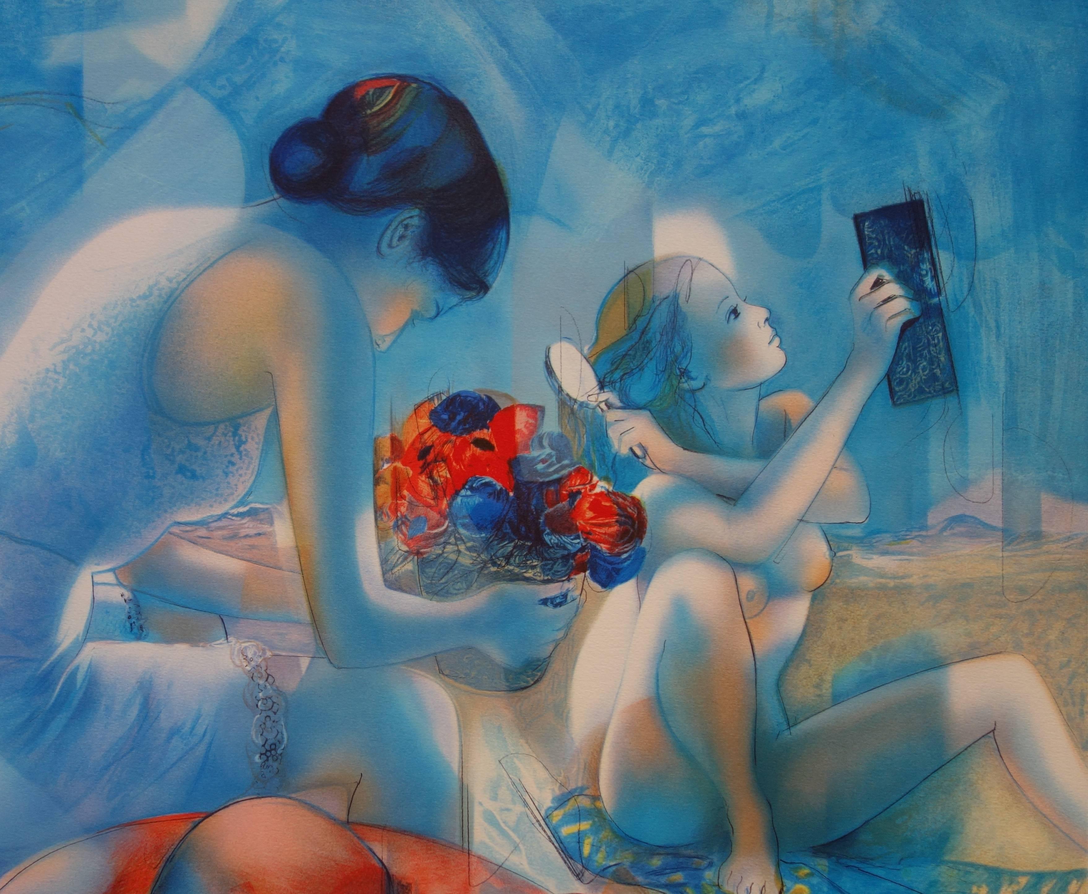 Blue Wind : Mother & Child - Original handsigned lithograph - 199ex - Modern Print by Jean-Baptiste Valadie