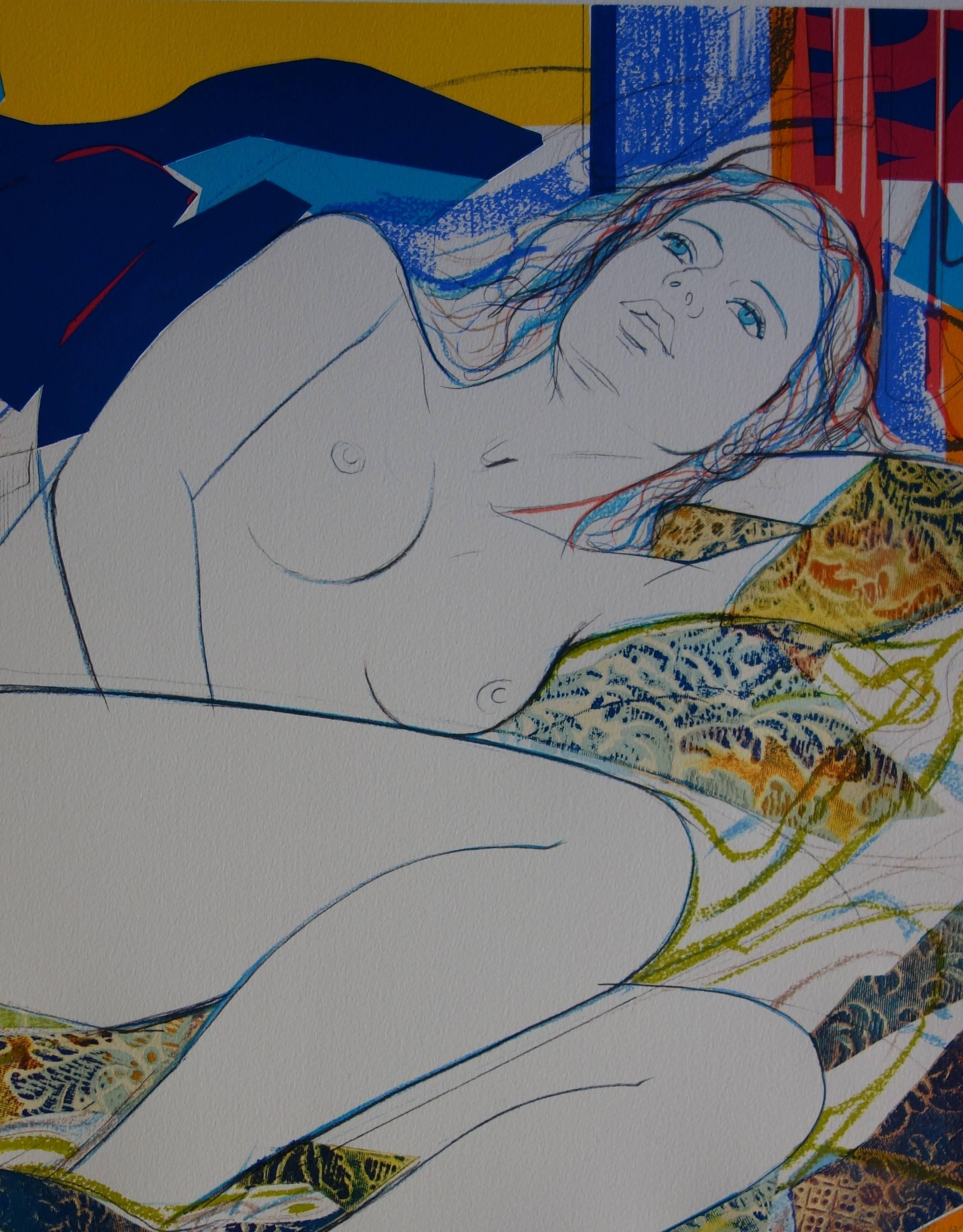 Les yeux bleus - Lithographie originale signée à la main - 199ex - Gris Nude Print par Jean-Baptiste Valadie