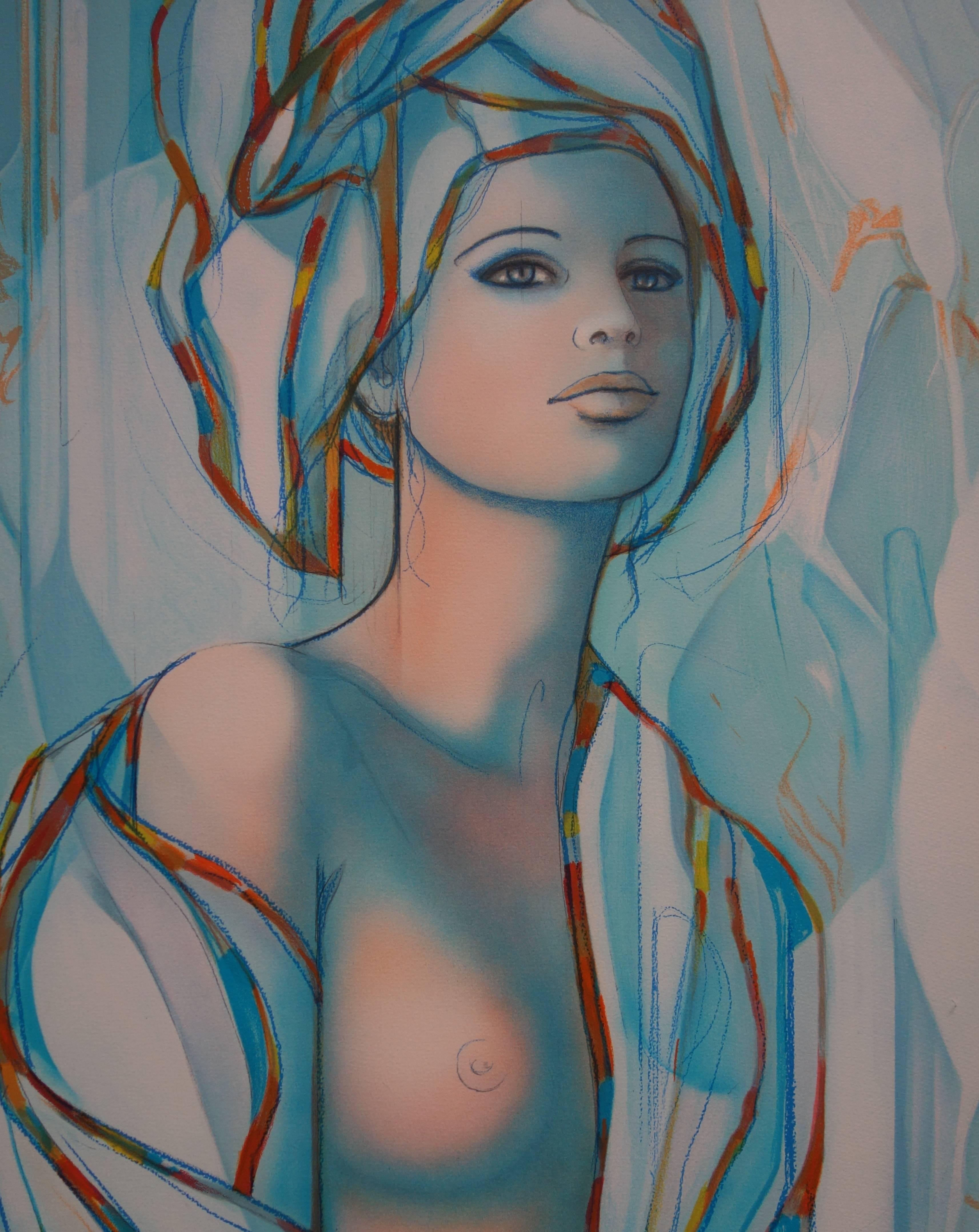 Nude with Blue Turban - Original handsigned lithograph - 199ex - Gray Nude Print by Jean-Baptiste Valadie