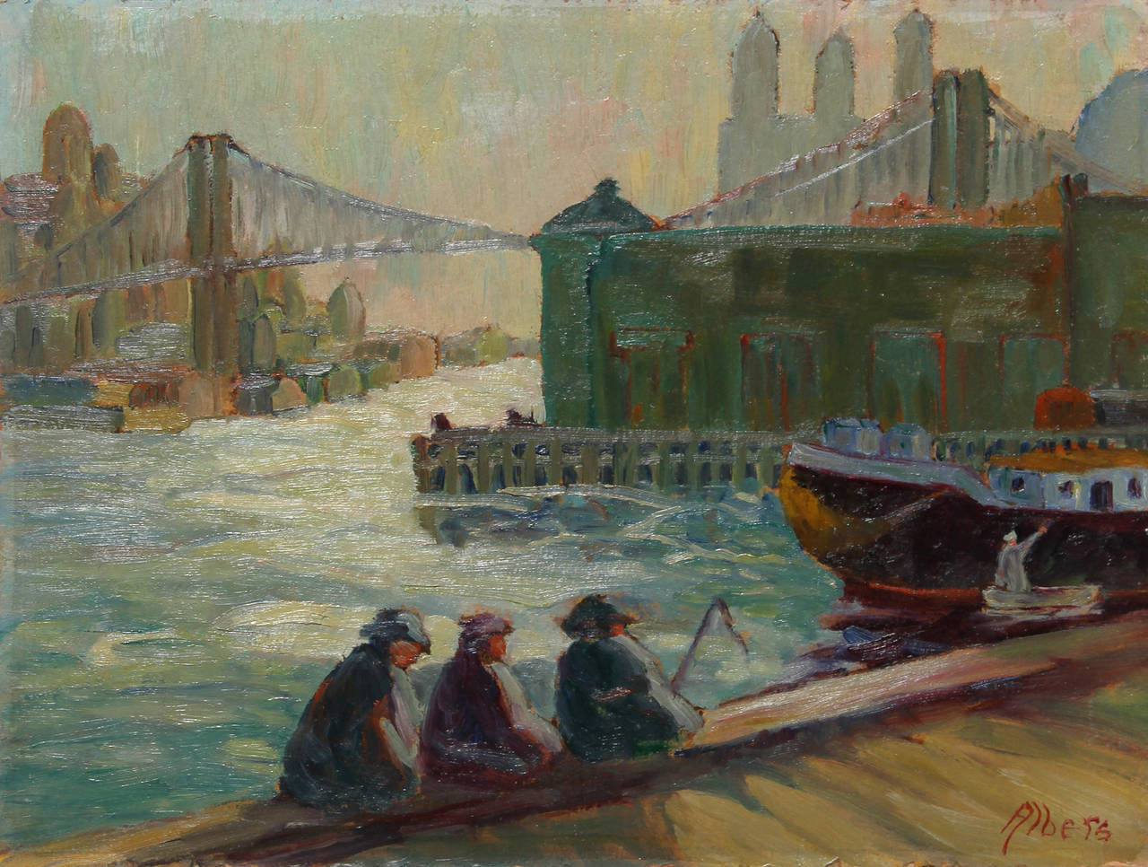 Corlears Hook, pittura a olio impressionista di Margaretha E. Albers in vendita 1