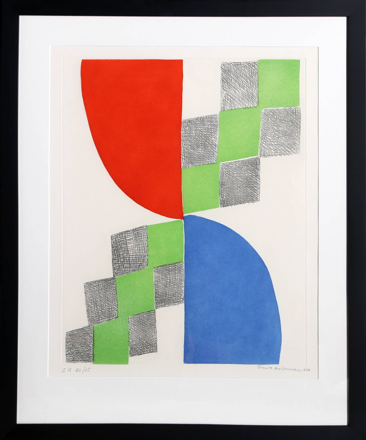 Artist: Sonia Delaunay, Ukrainian-French (1885 - 1979)
Title: Untitled
Year: 1970
Medium: Aquatint Etching, Signed and numbered in pencil
Edition: EA 20/25
Image Size: 20.5 x 16 inches
Size: 26  x 20 in. (66.04  x 50.8 cm)
Frame Size: 29.5 x