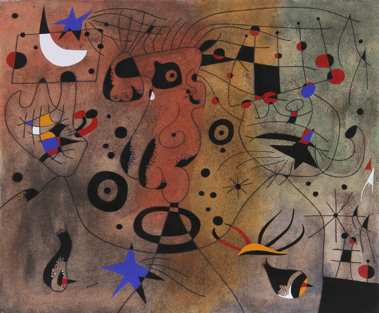 Femme a la blonde aisselle coiffant sa chevelure a la lueur des etoiles - Print by Joan Miró
