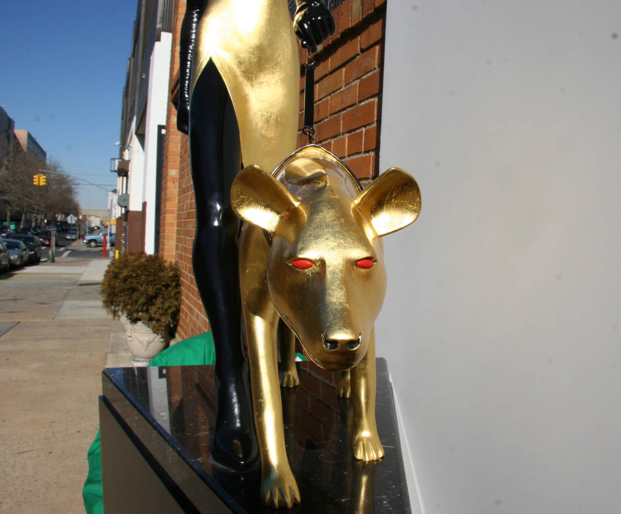 Walking the Dog - Gold Figurative Sculpture by Tom Coffin