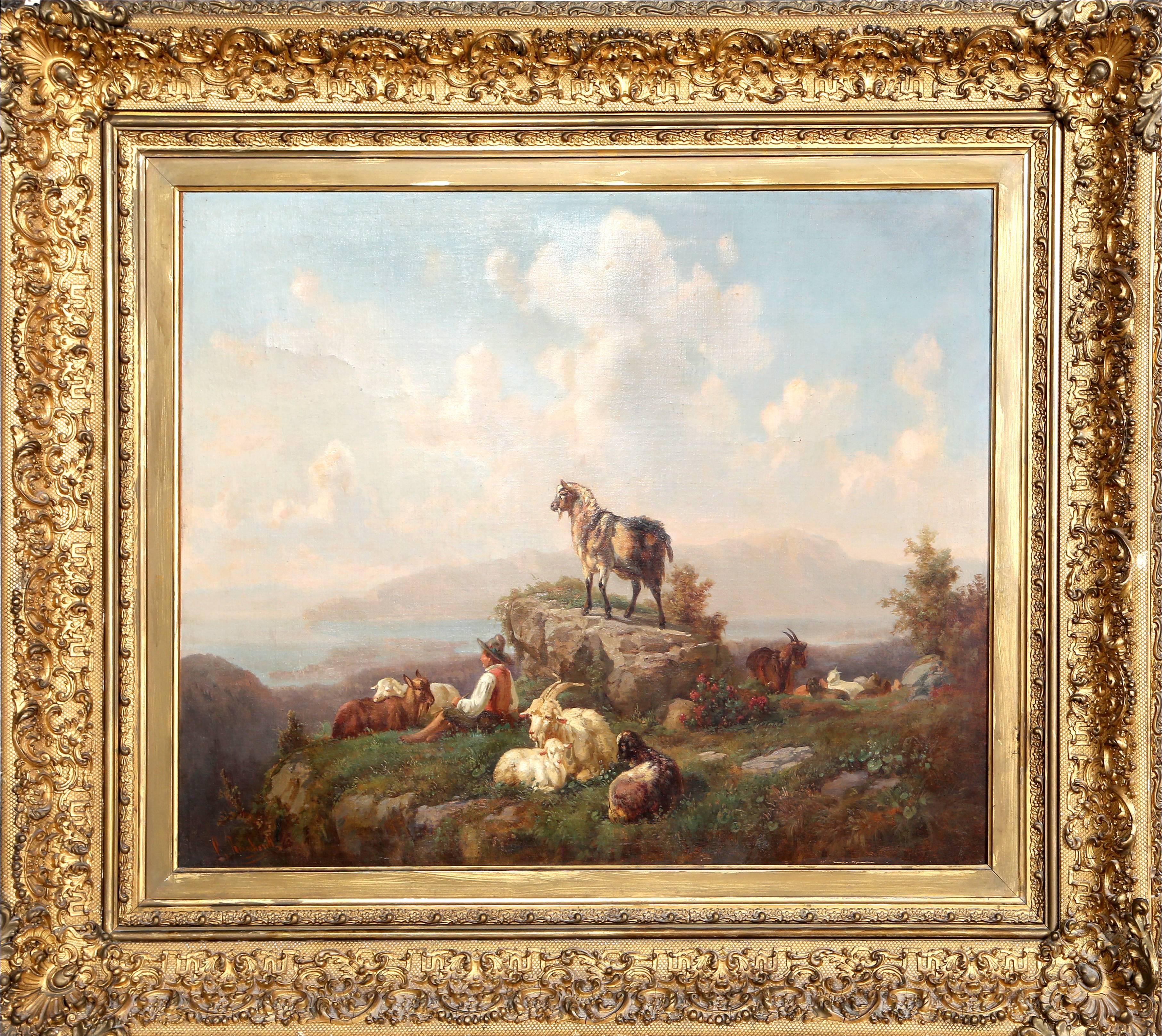 P. Reichardt Landscape Painting - Mountain Landscape with Goatherd and Goats