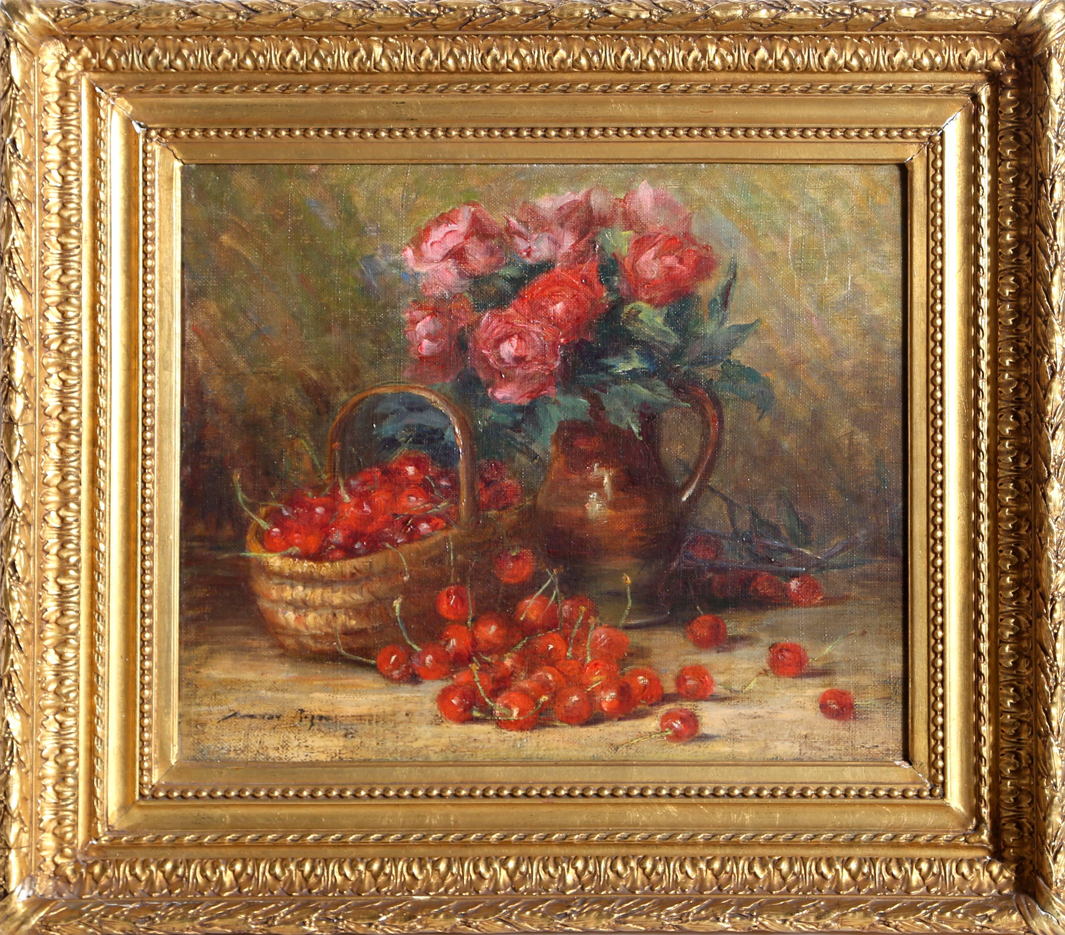 Unknown Still-Life Painting - Still Life with Cherries and Roses, Oil Painting