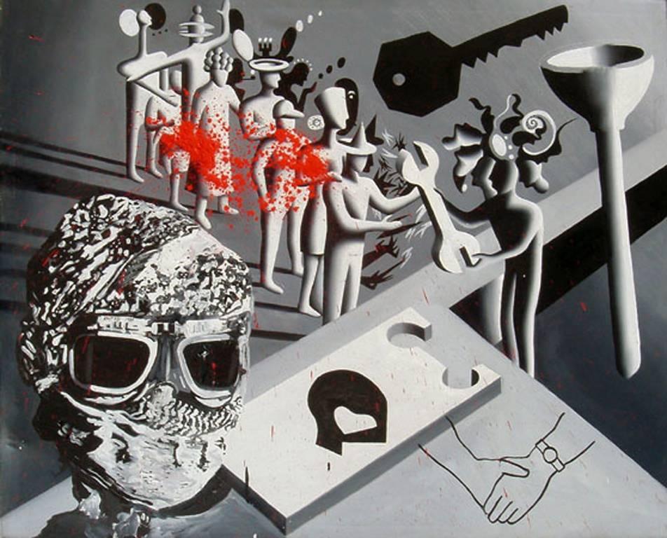 Figurative Painting Mark Kostabi - Une âme fabriquée à l'usine