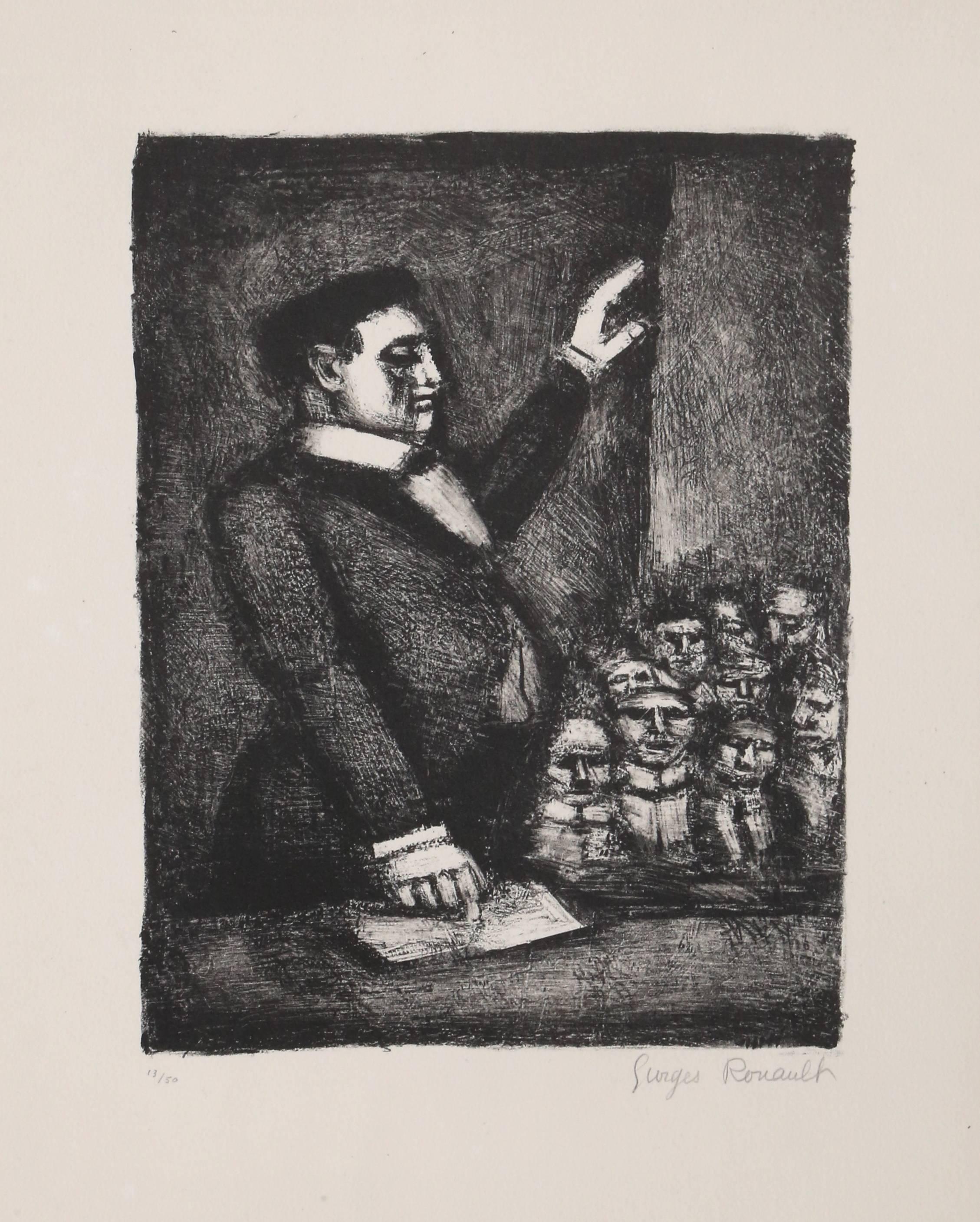 Artist: Georges Rouault 
Title: L'Orateur
Year: circa 1925 
Medium: Lithograph on ivory Japanese paper, signed and numbered in pencil
Edition: 13/50
Image: 11.5 x 8.5 inches
Size: 19.5  x 13 in. (49.53  x 33.02 cm)
Publisher: Edmond Frapier,