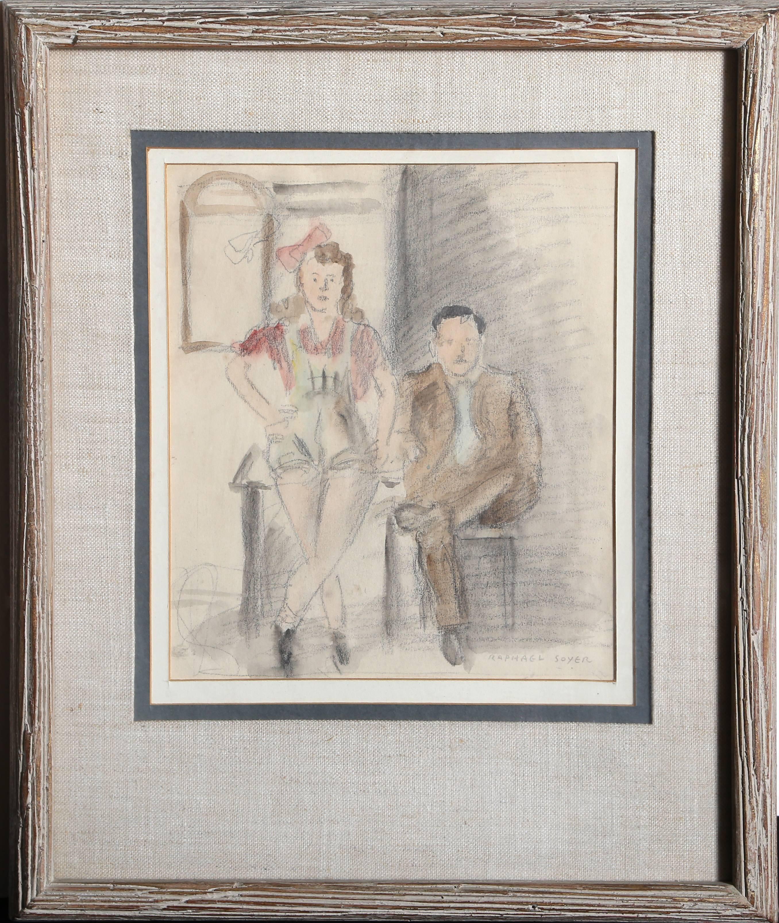 Seated Couple, Pencil and Watercolor on Paper by Raphael Soyer