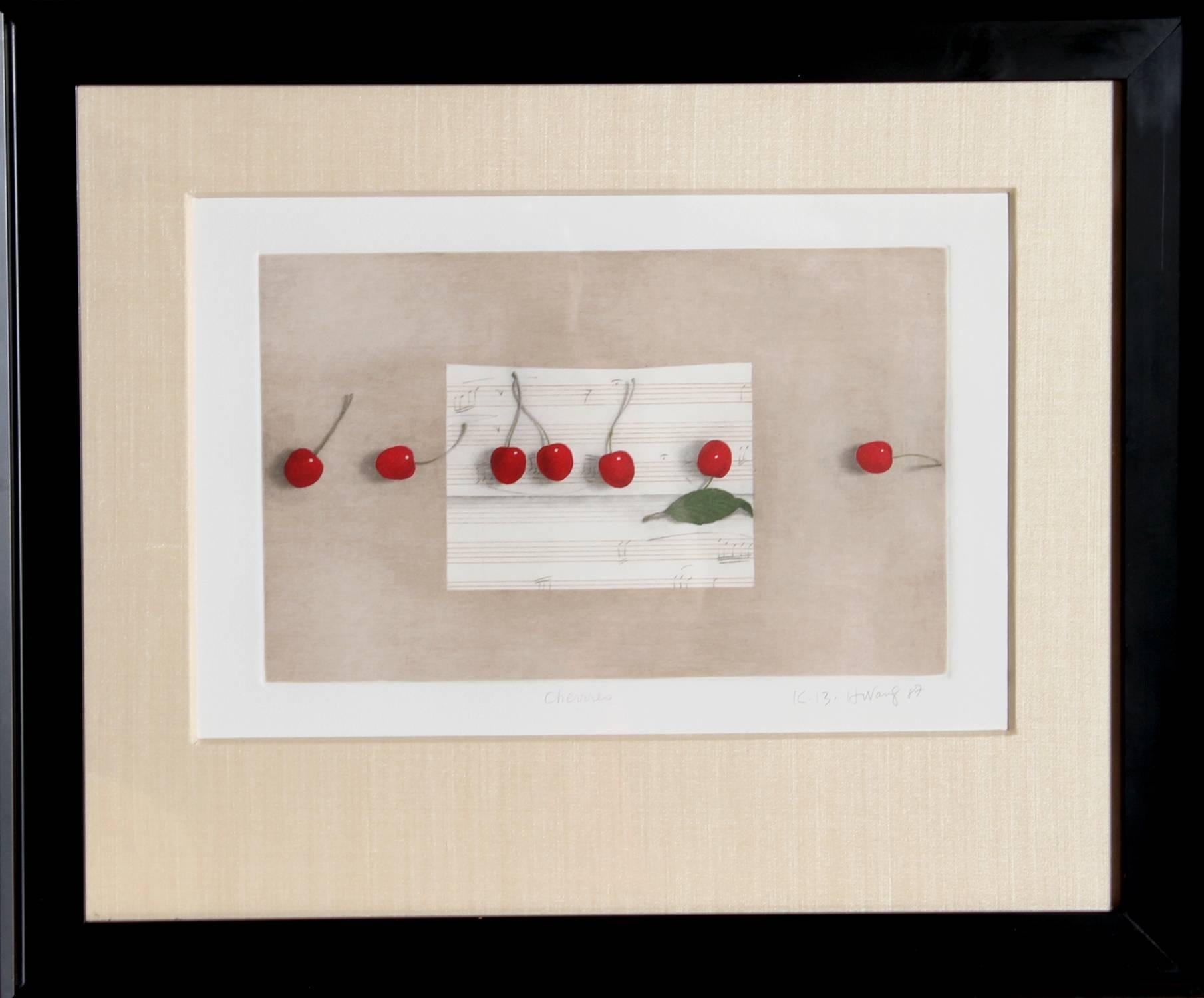 K.B. (Kyu-Baik ) Hwang Still-Life Print – Cherries (Music Sheet), Mezzotint von K.B. Hwang