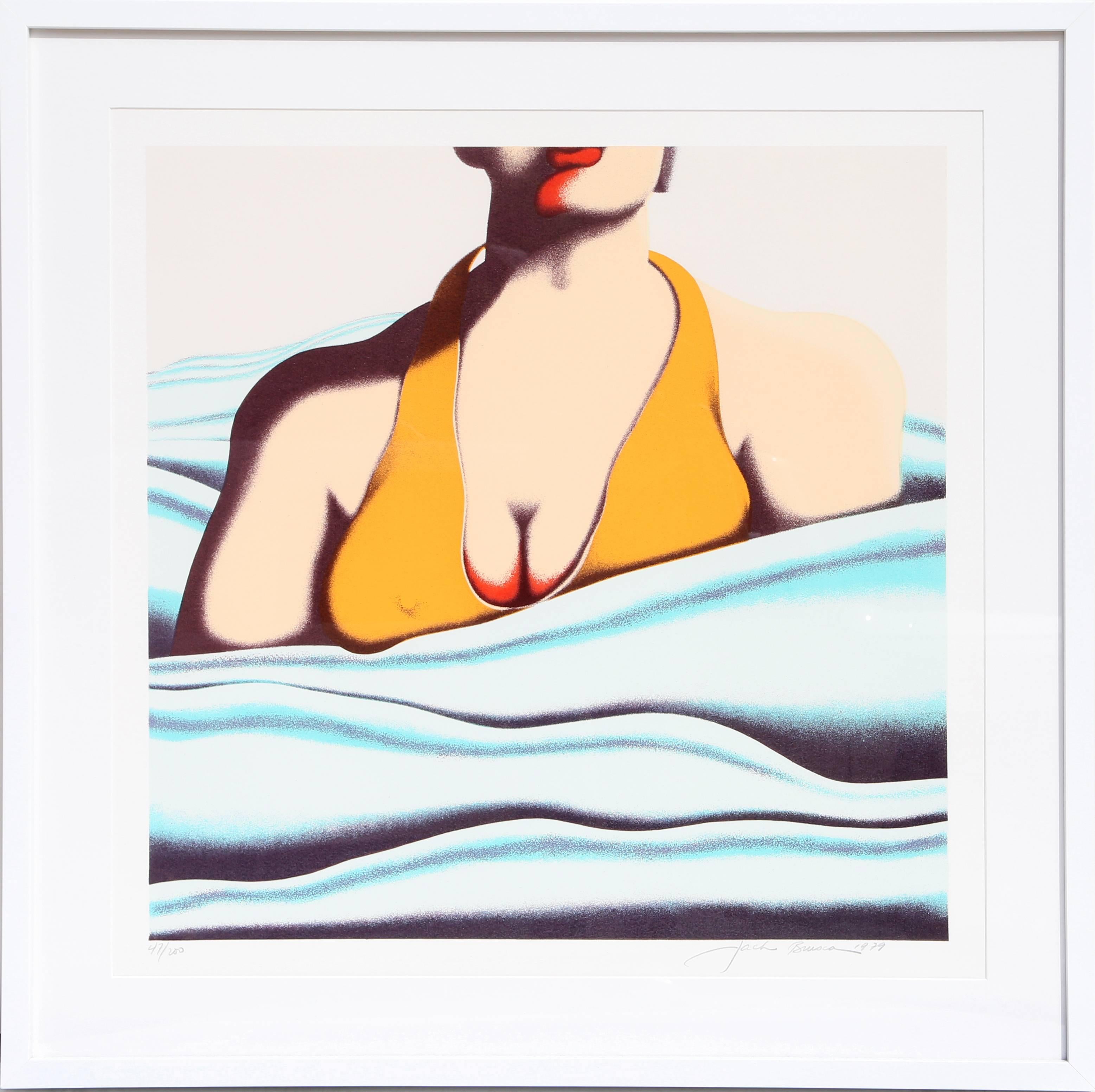 Artist: Jack Brusca, American (1939 - 1993)
Title: The Beach
Year: 1979
Medium: Serigraph, signed and numbered in pencil
Edition: 200, AP 30
Image Size: 23 x 23 inches
Size: 27.5 in. x 26 in. (69.85 cm x 66.04 cm)
Frame: 32 x 32 inches