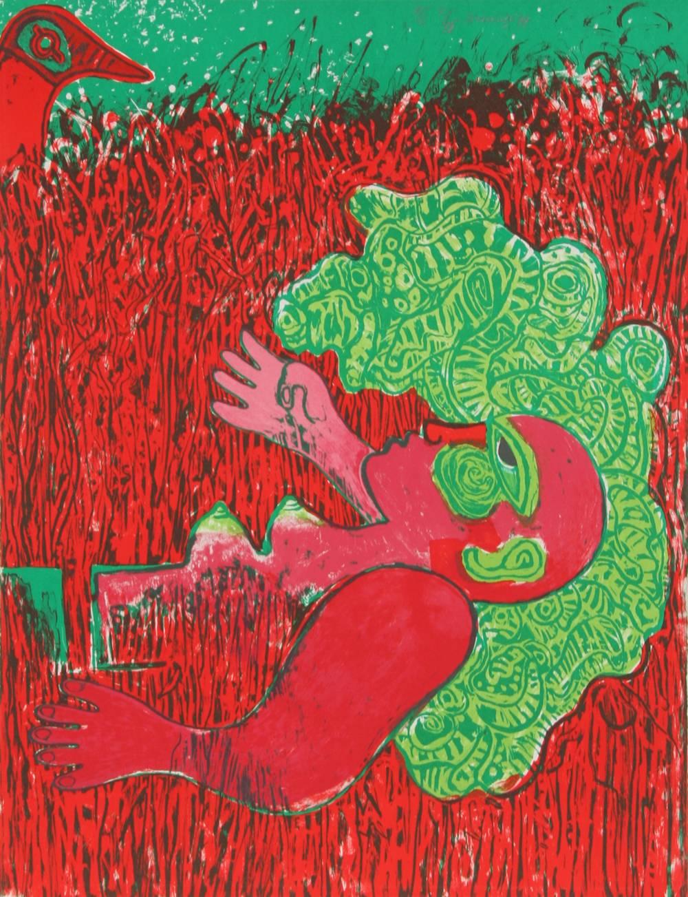 Dans l'infinie verticalite de l'herbe la femme, Lithograph by Corneille