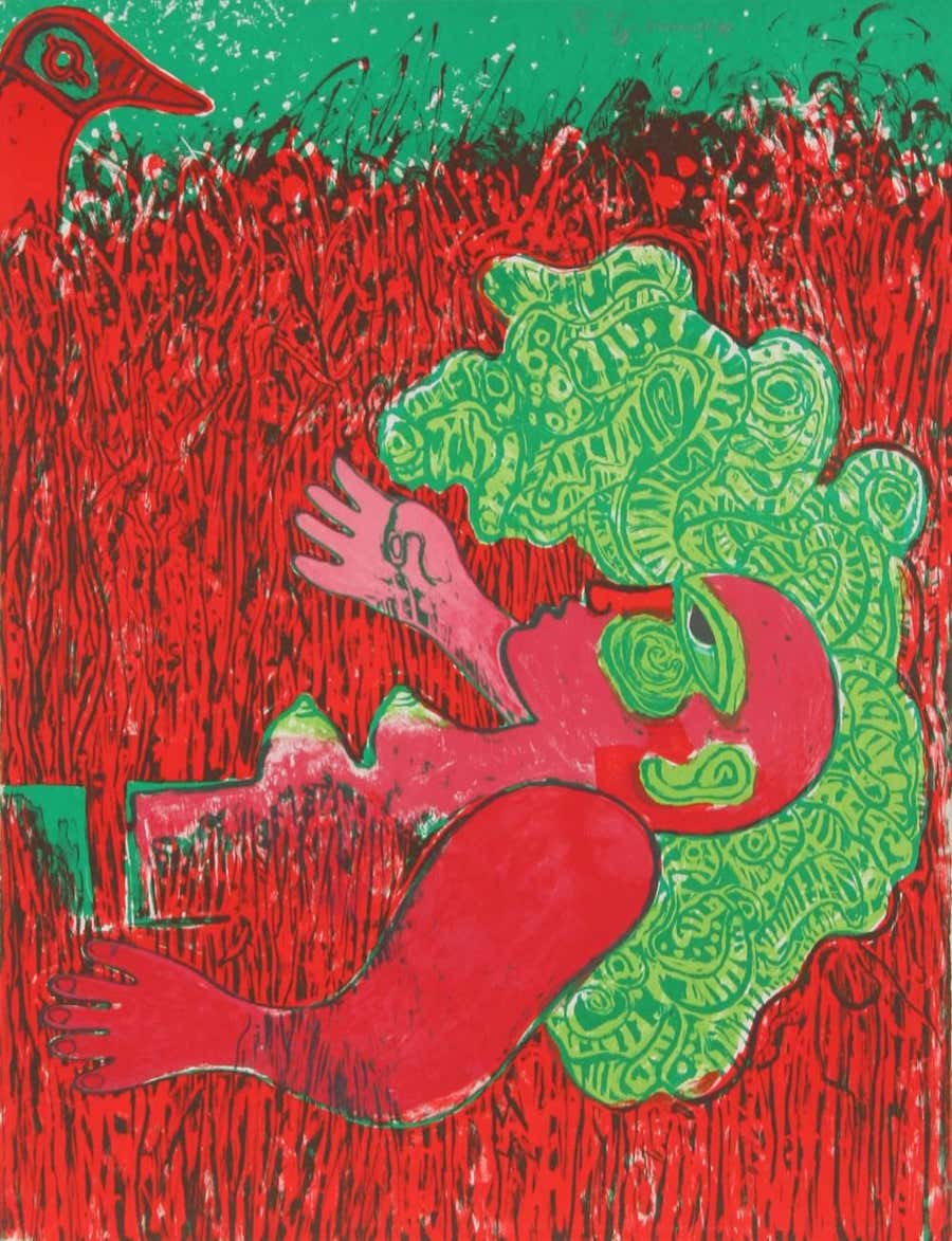 Dans l'infinie verticalite de l'herbe la femme, Surreal Lithograph by Corneille