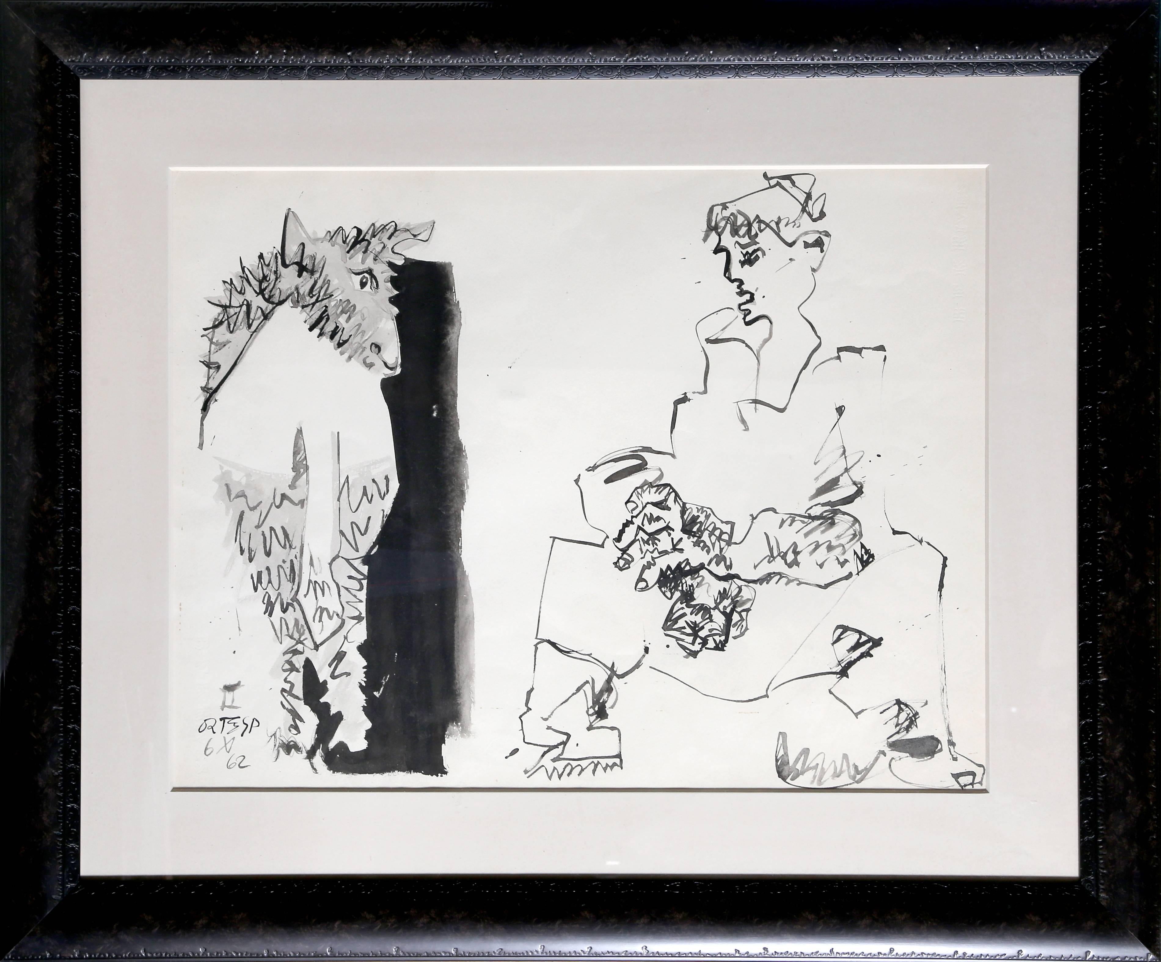 Figurative Art di José Ortega - Figura di donna seduta e toro, disegno moderno di Jose Ortega